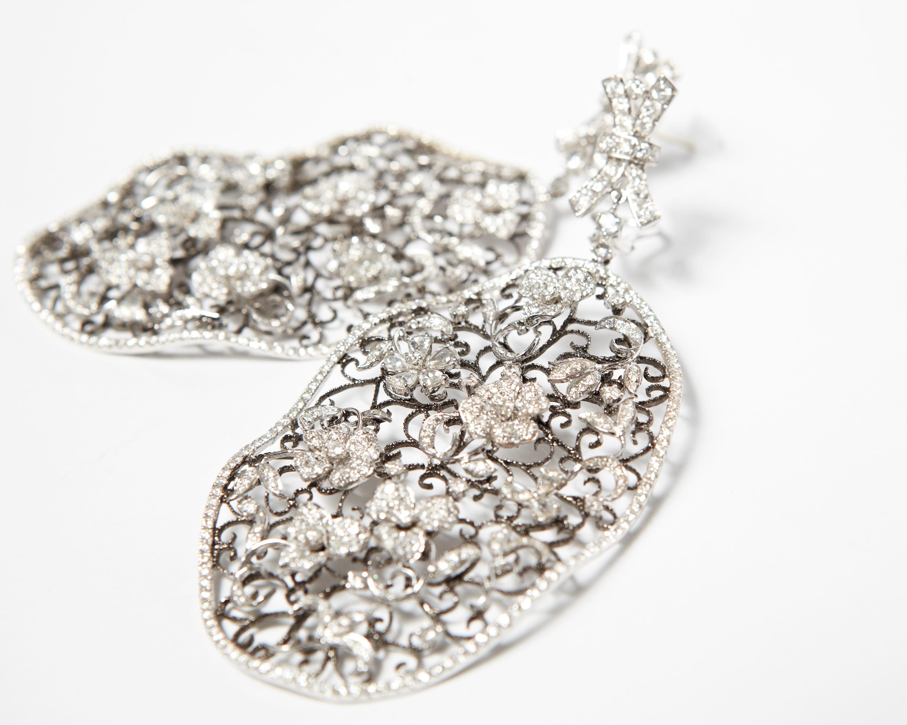 Pair of Helen Yarmak Designer 18KT White Gold and Diamond with Sculptural Flowers and Filigree Workmanship