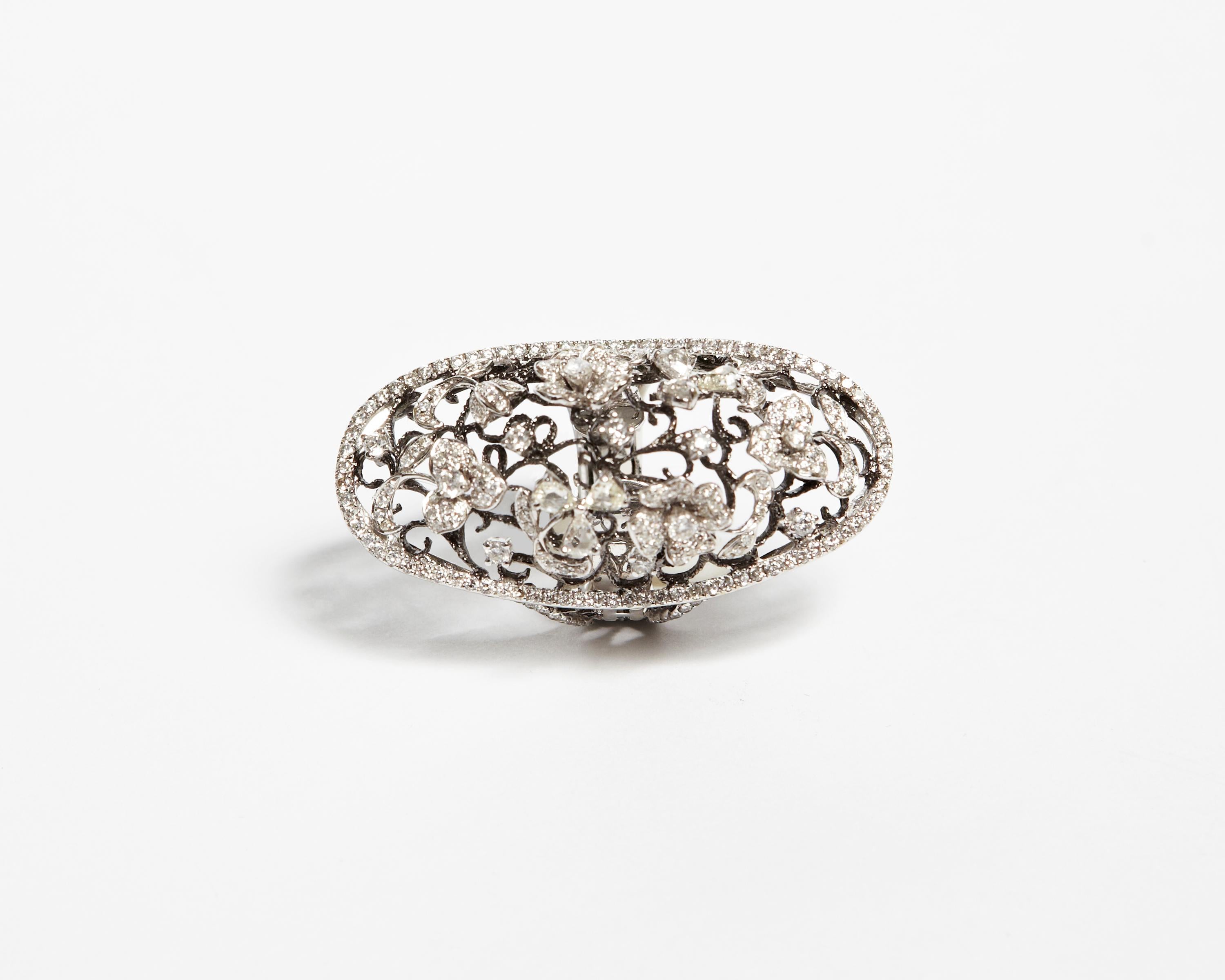 18KT White Gold Ring with Sculptured Diamond Flowers and Filagree workmanship throughout