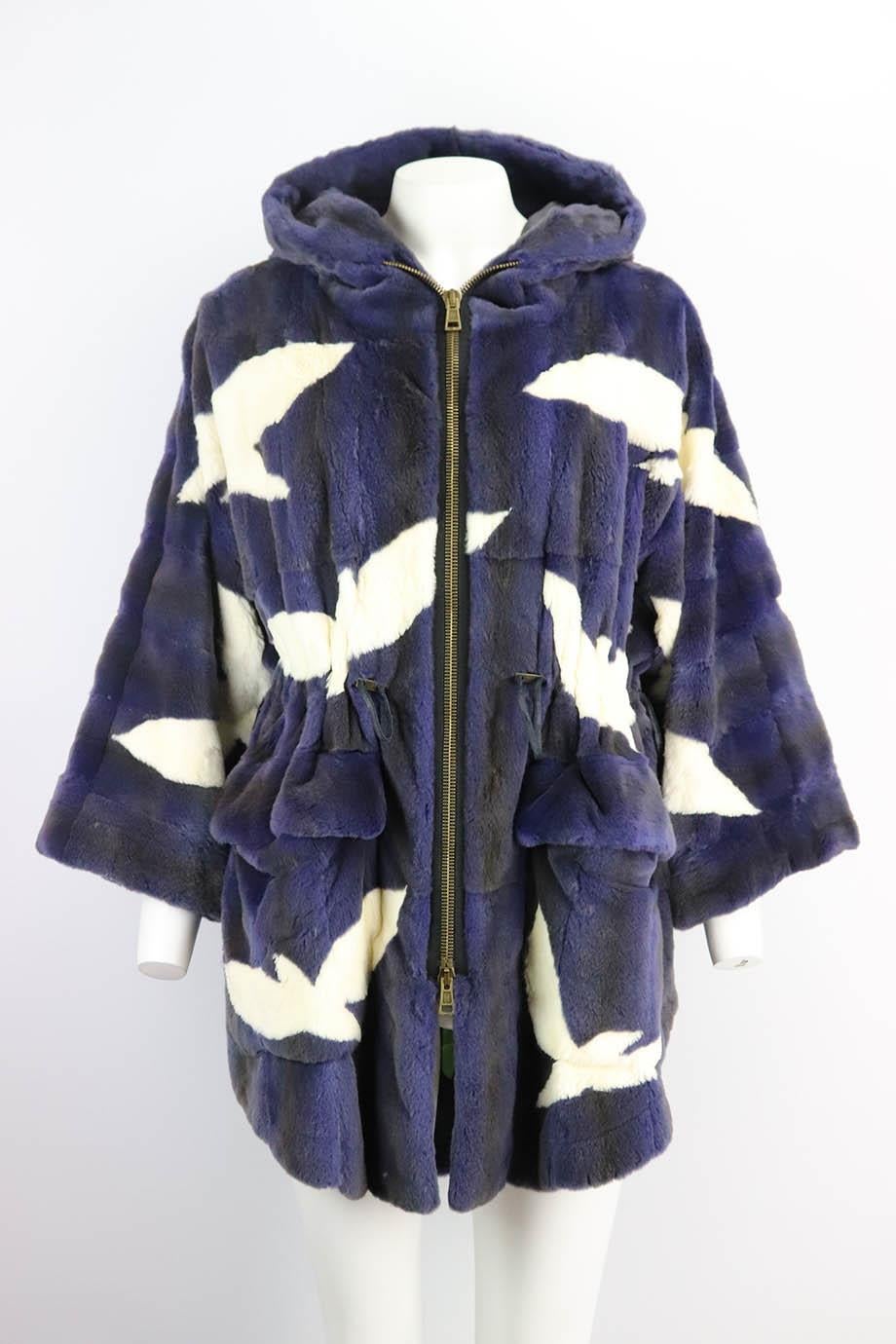 Helen Yarmak hooded printed fur coat. Made from navy and ivory bird-printed weasel-fur coat with drawstring waist and violet-printed silk lining. Blue and white. Long sleeve, crewneck. Zip fastening at front. Size: Large (UK 12, US 8, FR 40, IT 44).