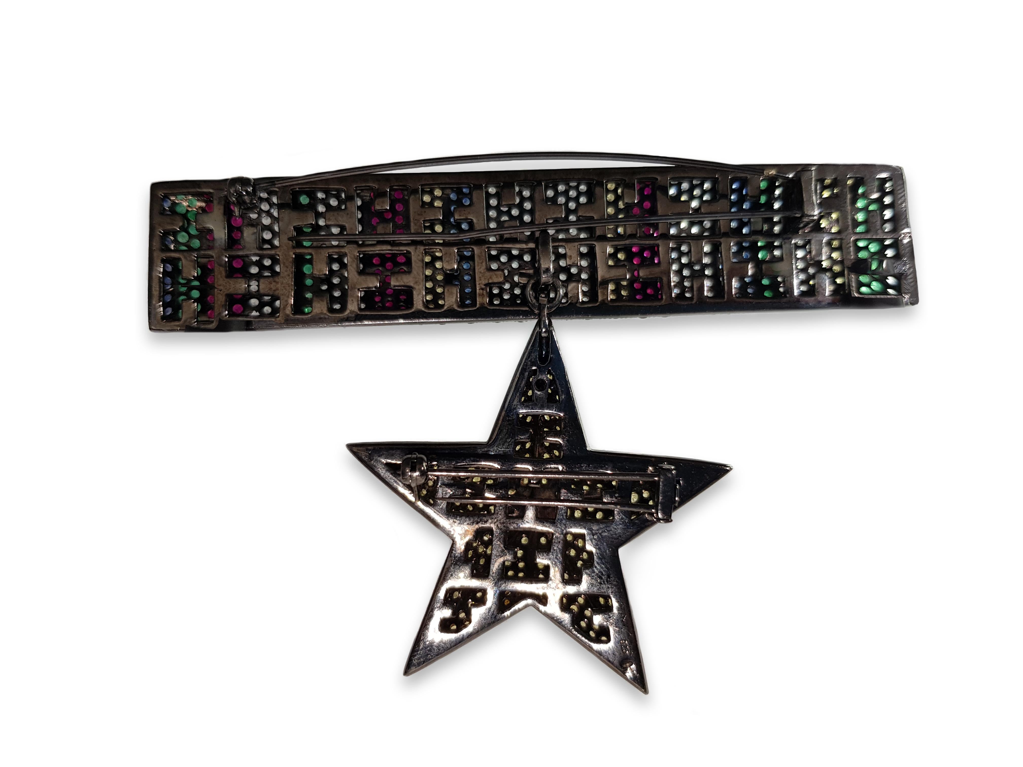 Women's or Men's Helen Yarmak Silver Pin with Emeralds and Sapphires For Sale