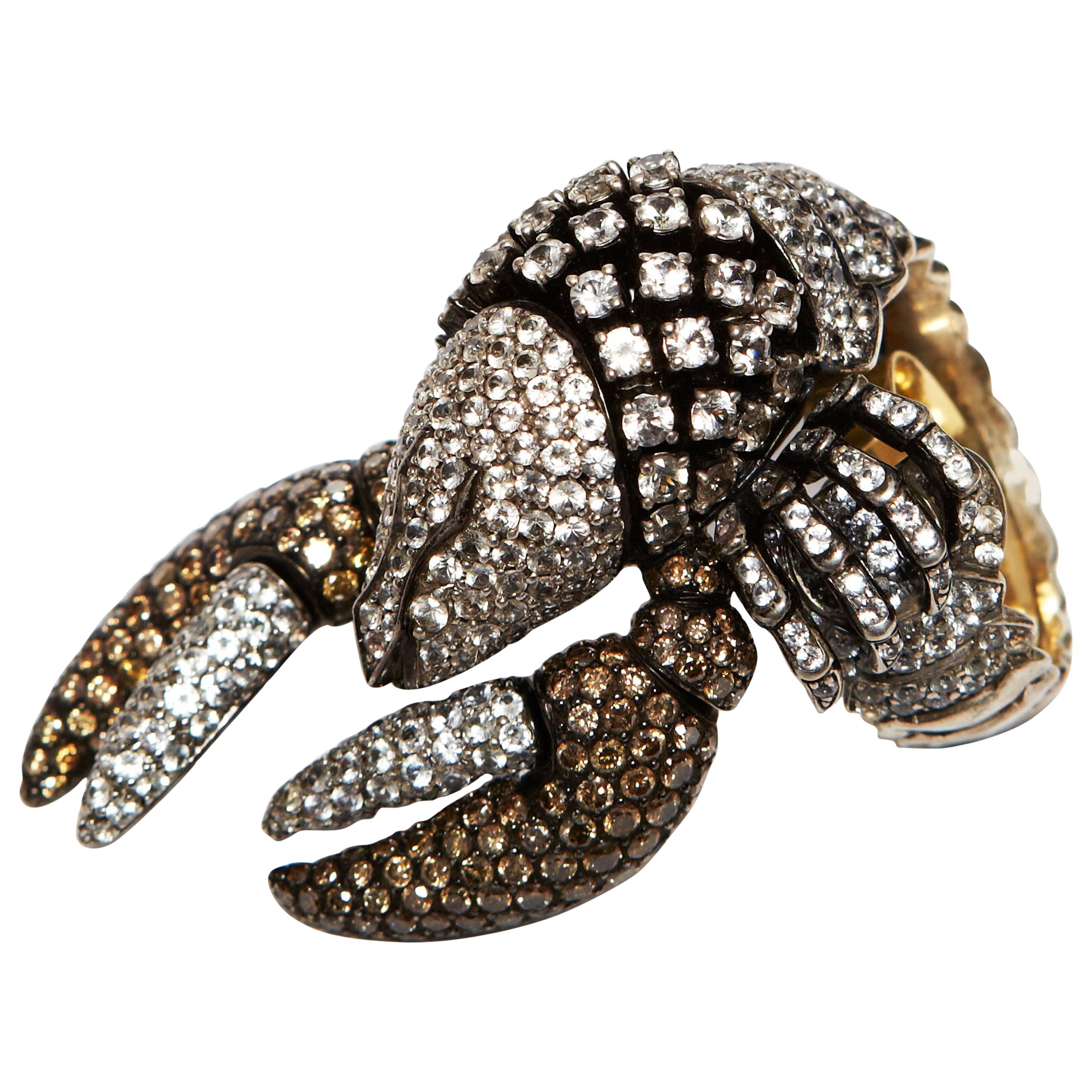 Helen Yarmak Sterling Silver, Diamond and Sapphire "Crab" Form Ring For Sale