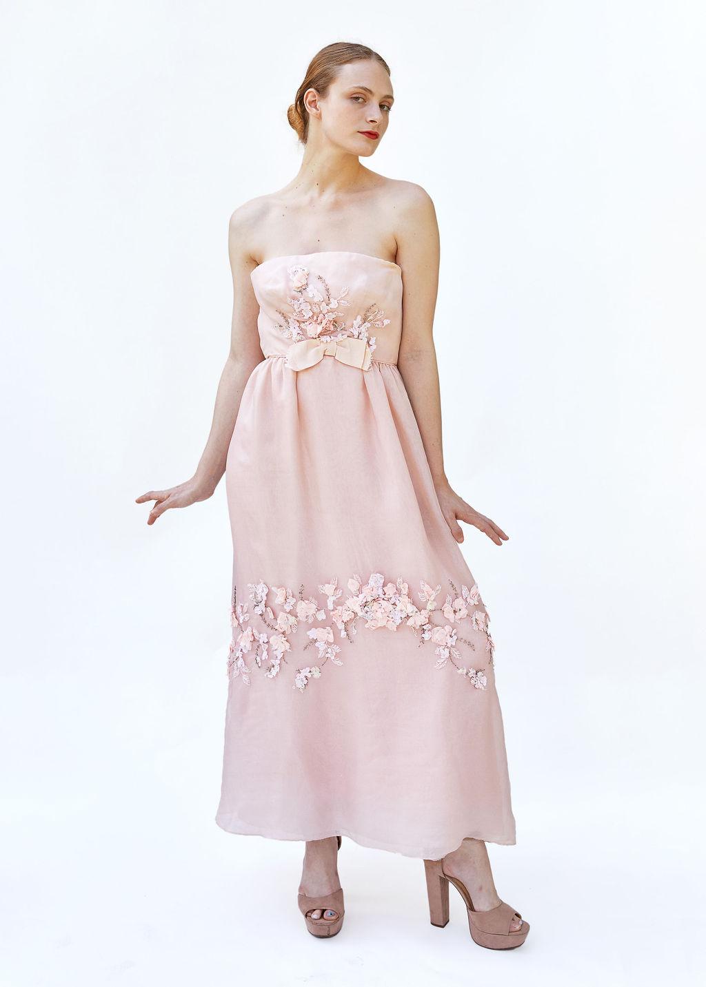 Helena Barbieri 1964 abito rosa pallido con fiocco e ornamento floreale senza spalline in vendita 1