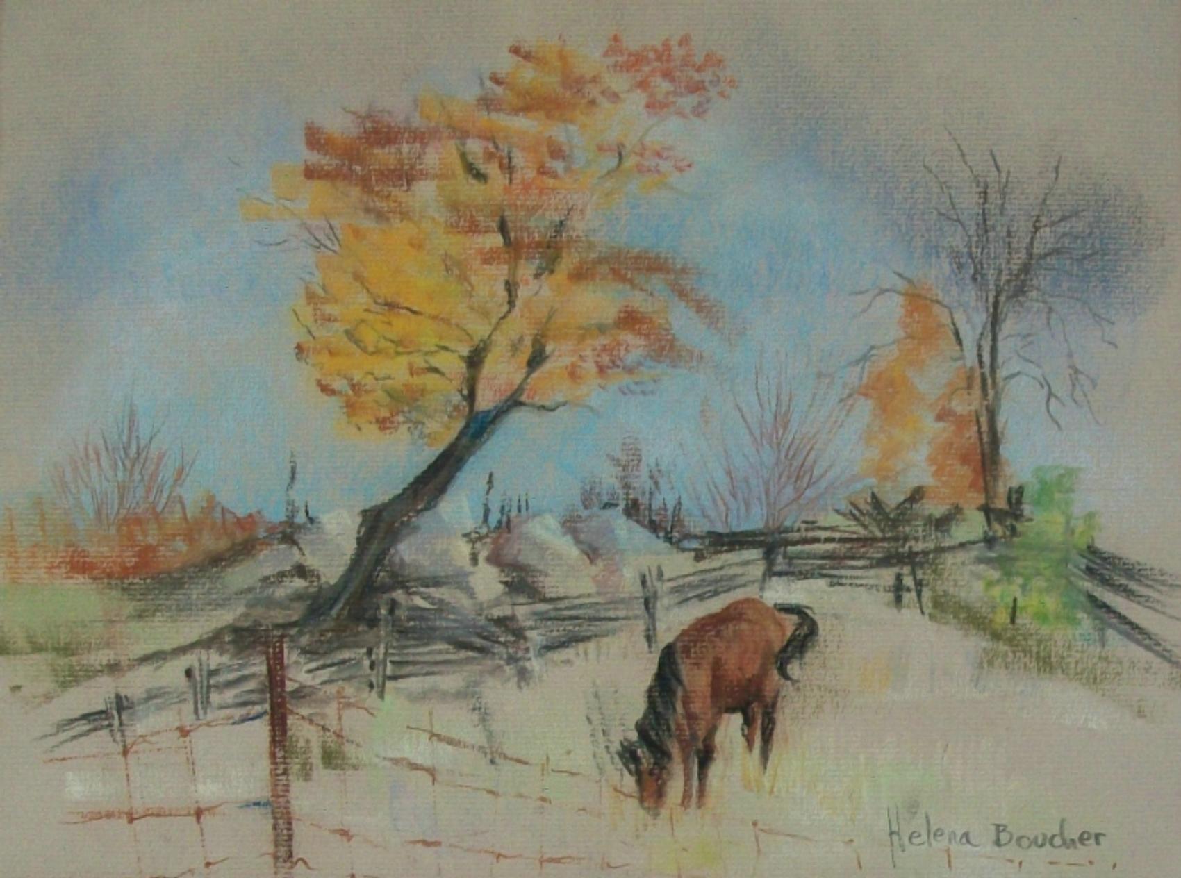 HELENA BOUCHER (Unknown/Unidentified Artist) - Vintage pastel landscape drawing on buff paper - featuring a horse in the foreground set against trees and a fence - drawing contained in a vintage double matte - signed lower right - Canada - mid 20th