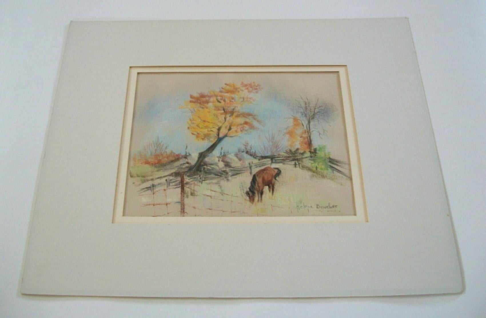 Hand-Painted Helena Boucher - Canadian School Pastel Landscape with Horse - Mid 20th Century For Sale