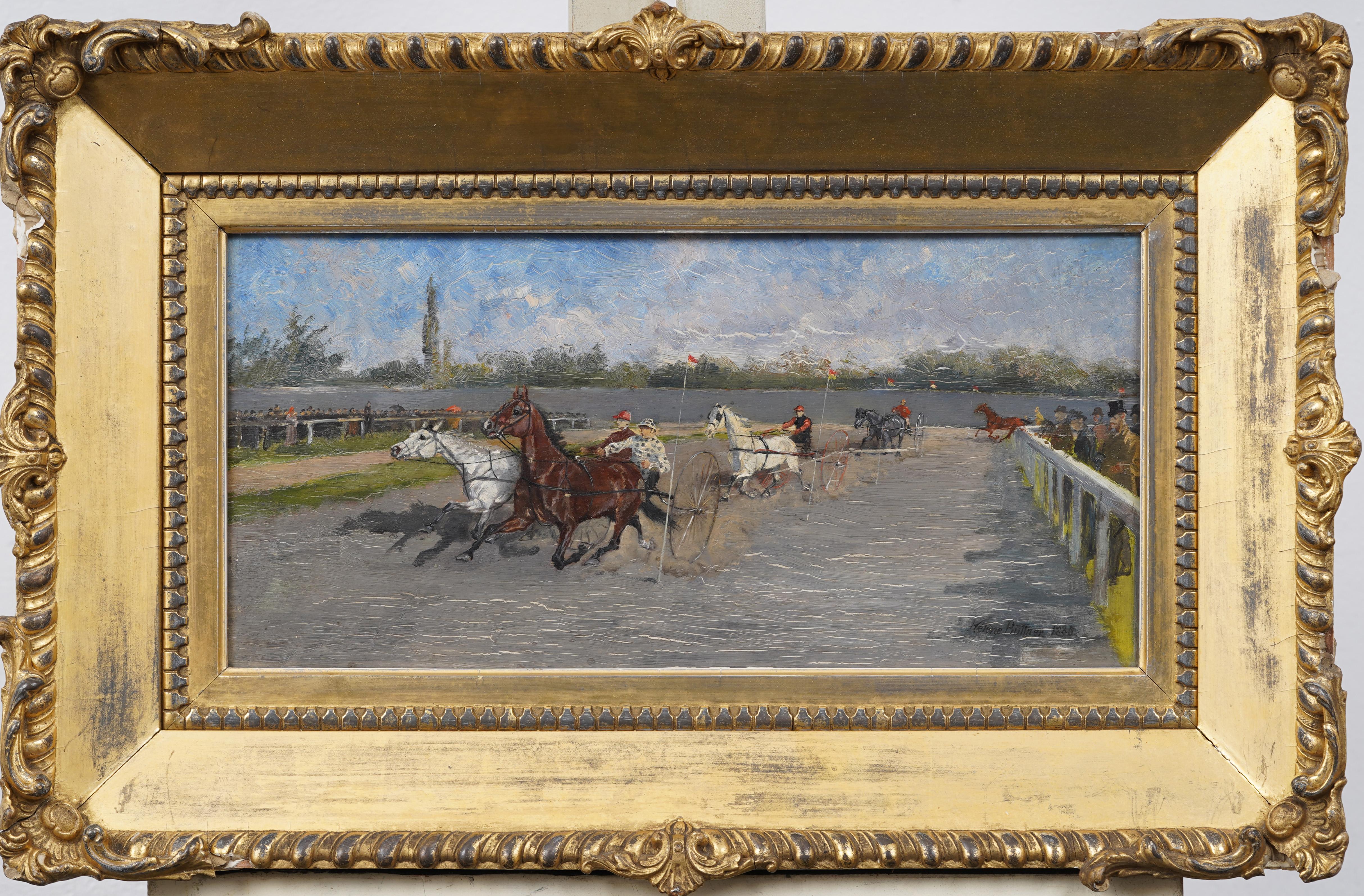 Antique Hungarian Sporting Art Equestrian Horse Race Signed Framed Oil Painting - Brown Animal Painting by Helena Buttner (1861 - 1947)