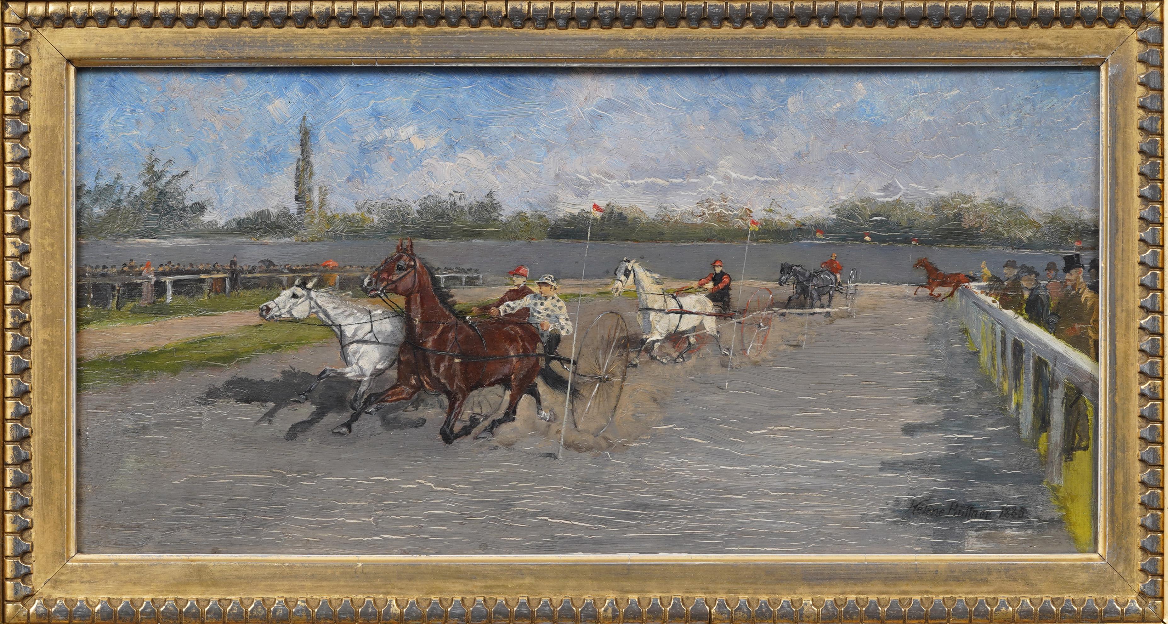 Finely painted 19th century equestrian painting.  Oil on board.  Framed.  Signed.  Image size, 7.75