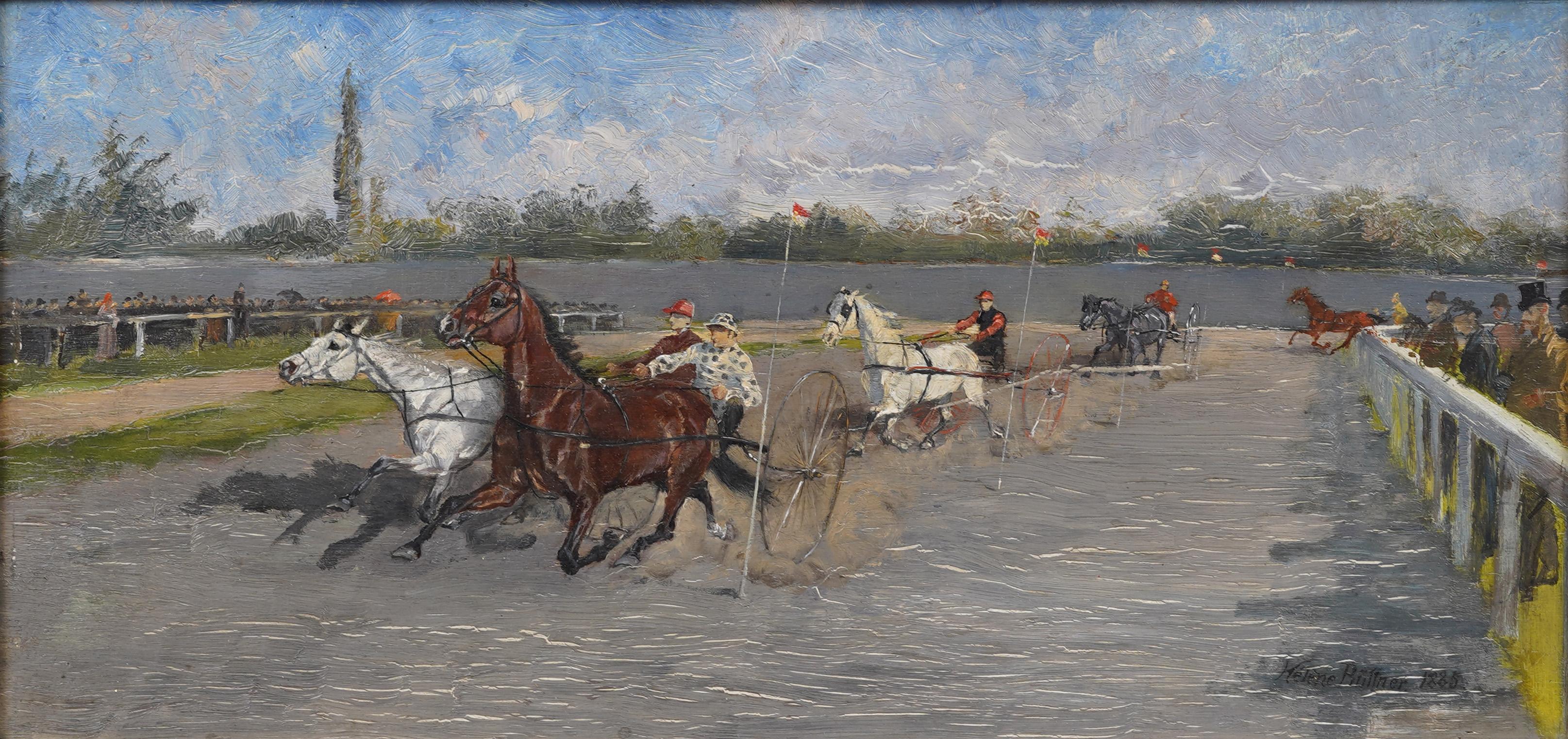 Antique Hungarian Sporting Art Equestrian Horse Race Signed Framed Oil Painting For Sale 1