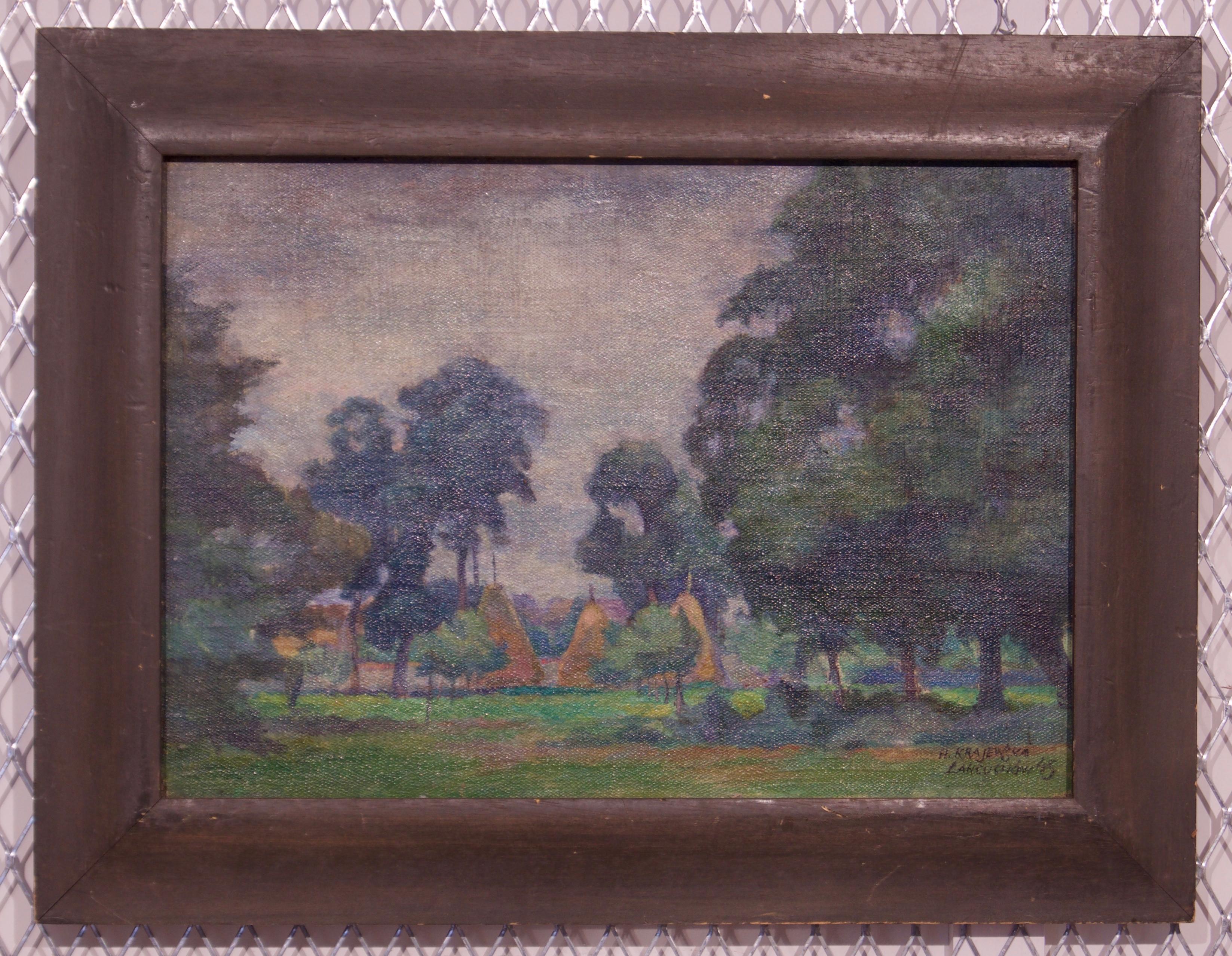 Łańcuchów Village - Mid 20th Century Oil Landscape by Helena Krajewska - Poland - Painting by Helena Malarewicz-Krajewska