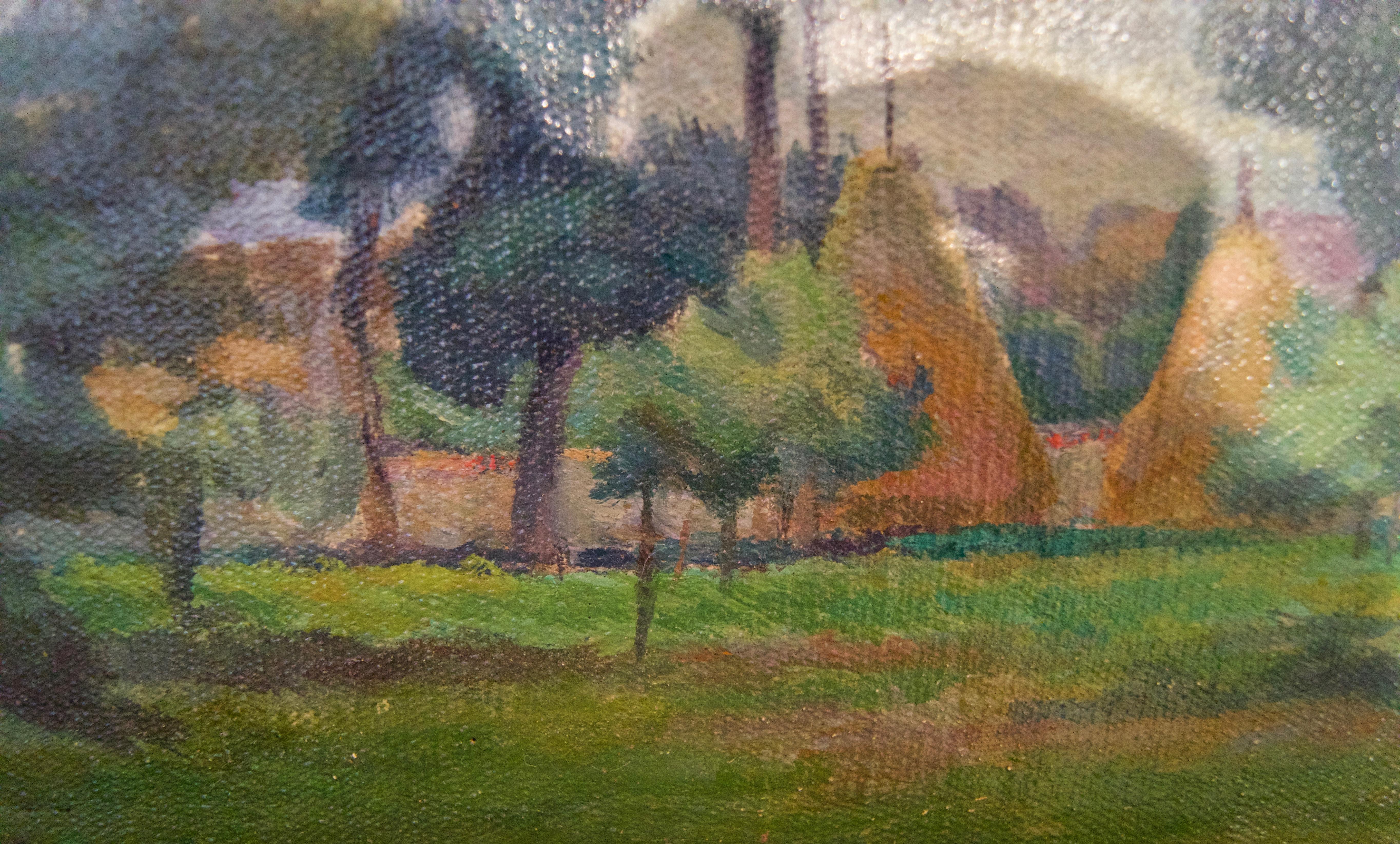 Łańcuchów Village - Mid 20th Century Oil Landscape by Helena Krajewska - Poland - Impressionist Painting by Helena Malarewicz-Krajewska