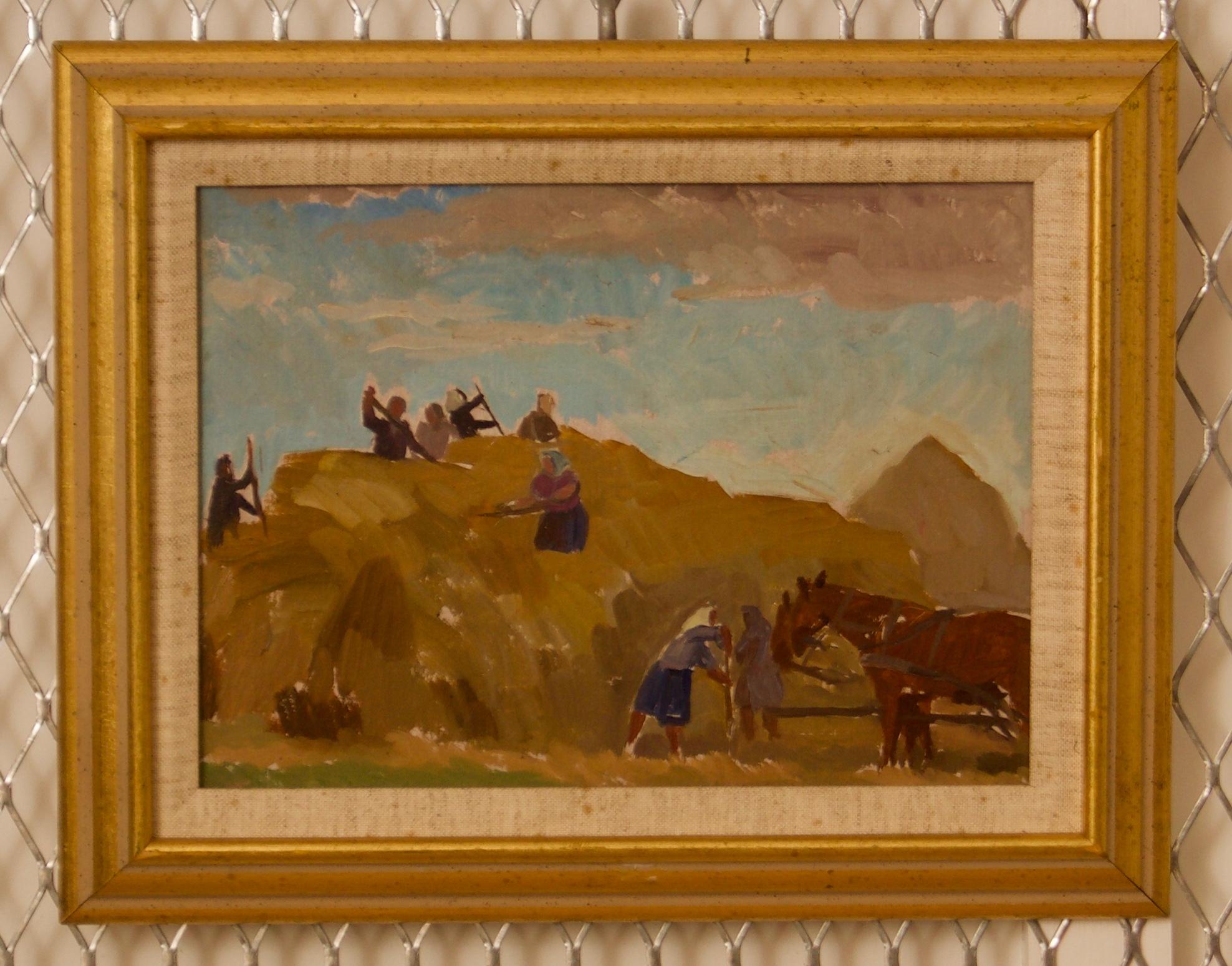 Laszczyn - Costruire una pila 2 - Pittura ad olio della metà del XX secolo di H. H. Krajewska - Painting di Helena Malarewicz-Krajewska