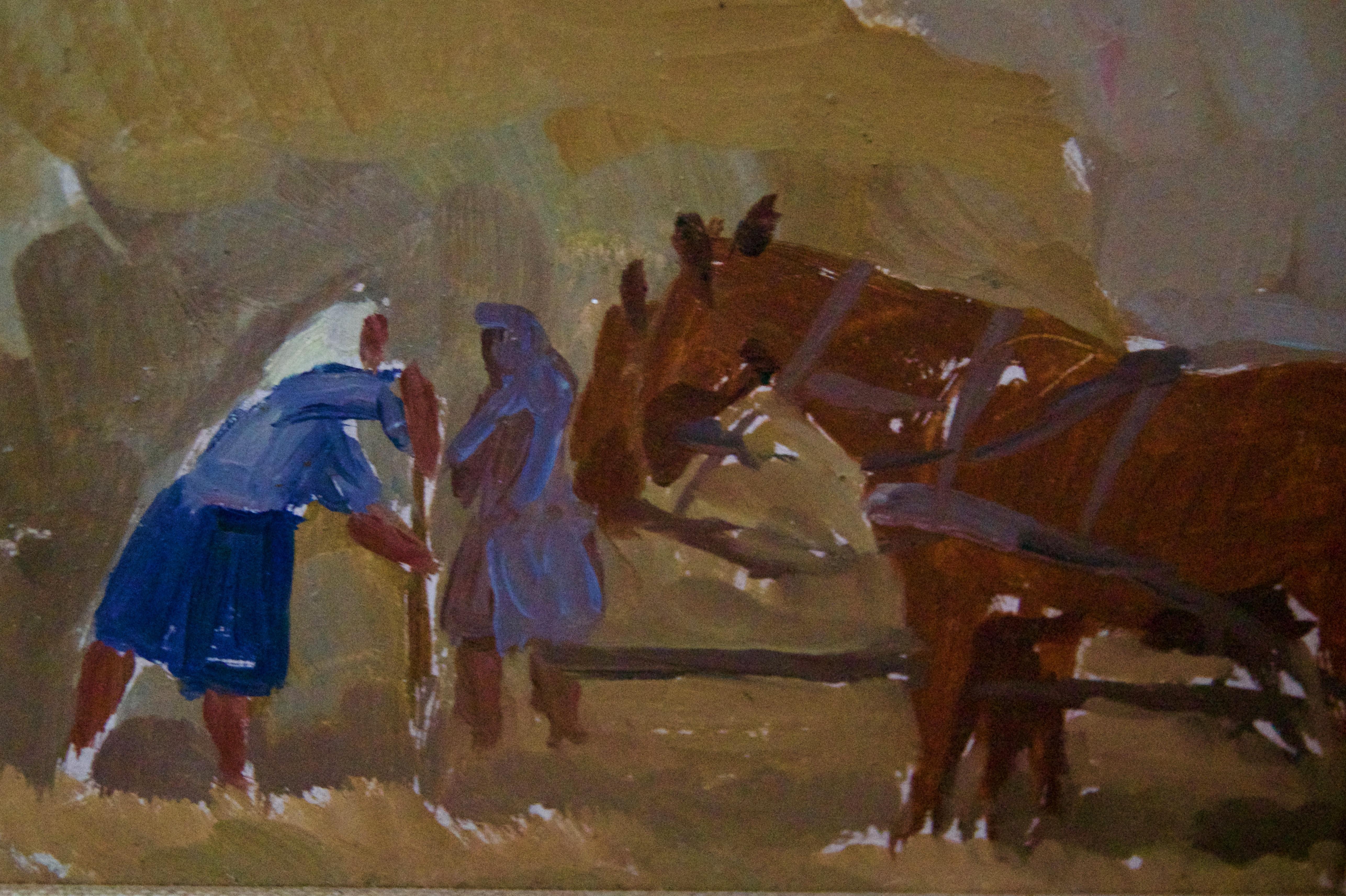 Laszczyn - Costruire una pila 2 - Pittura ad olio della metà del XX secolo di H. H. Krajewska - Figurative Painting Marrone di Helena Malarewicz-Krajewska
