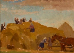 Laszczyn - Construyendo una pila 2 - Pintura al óleo de mediados del siglo XX por H Krajewska