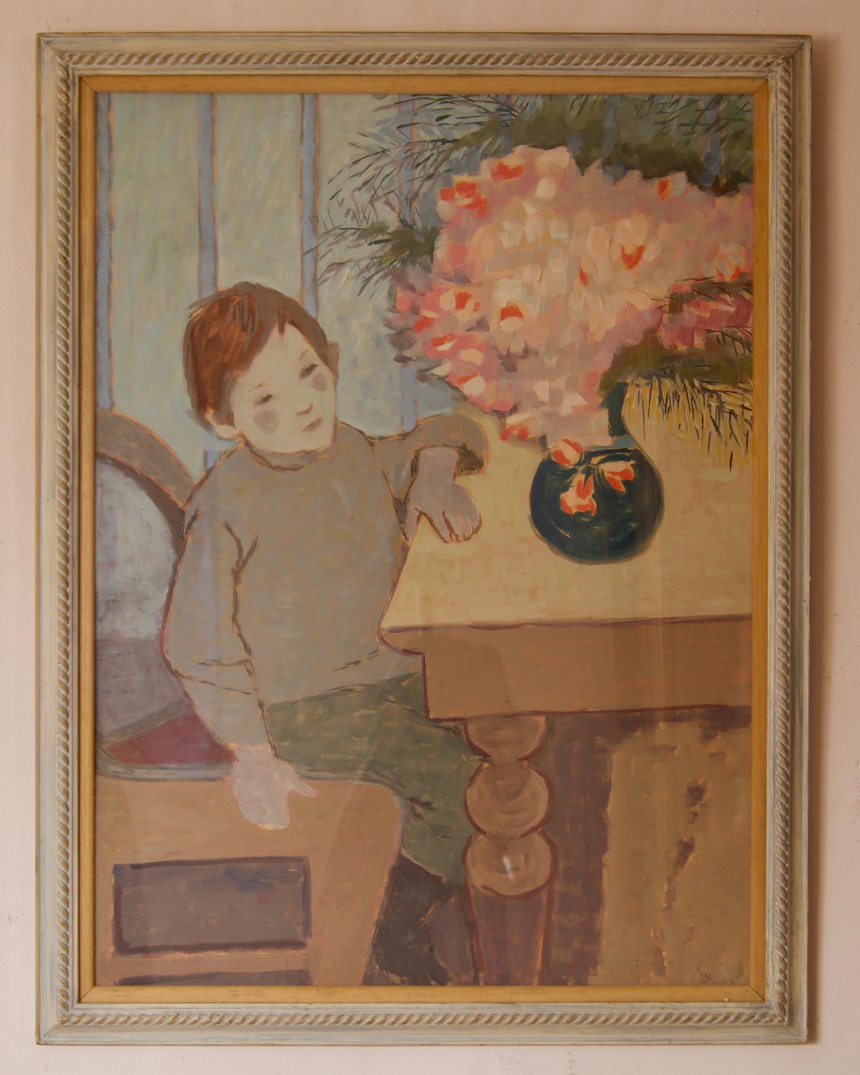 Polish Boy - Impressionist Mid 20th Century Oil Painting by Helena Krajewska - Brown Figurative Painting by Helena Malarewicz-Krajewska