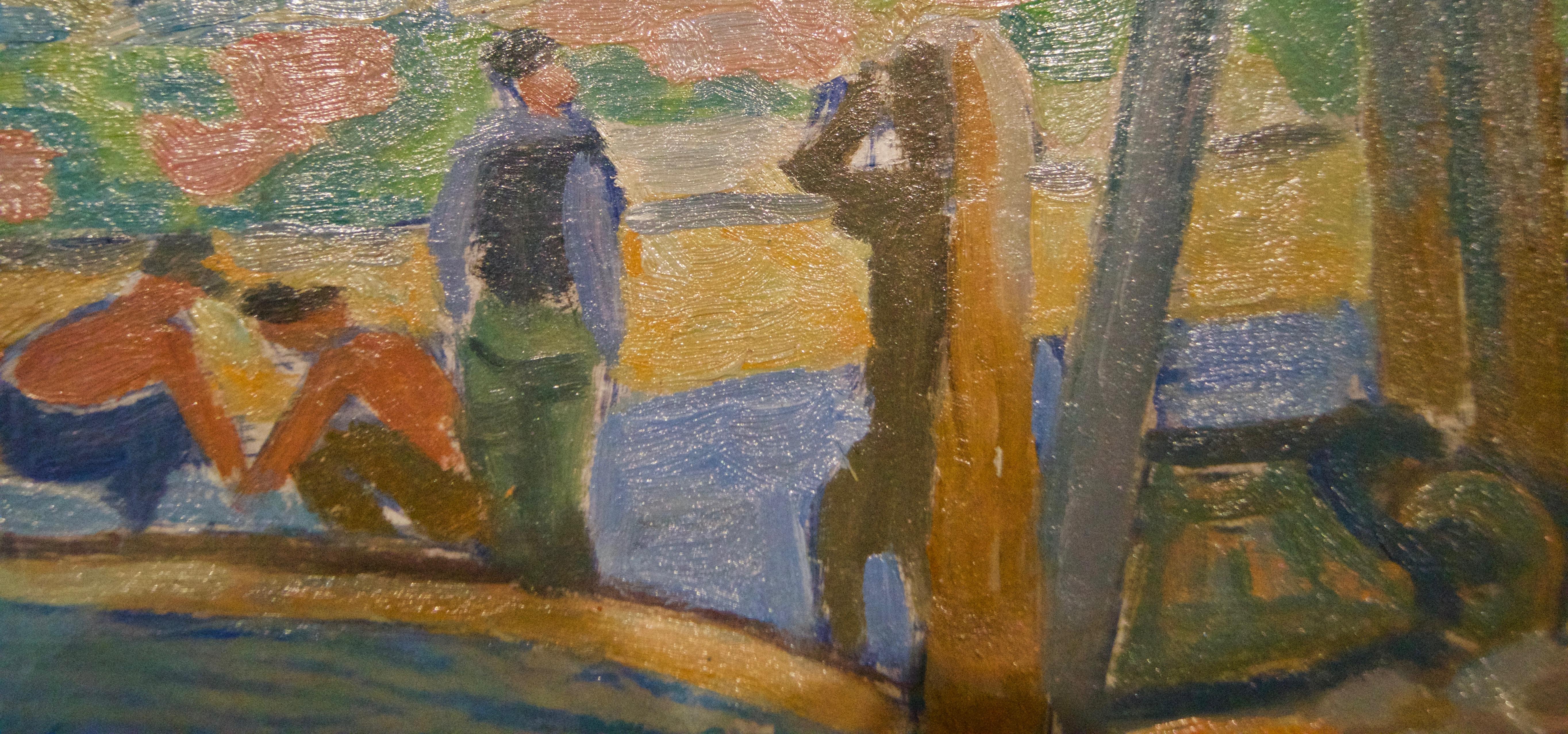 Polnisches Gebäude - Mitte des 20. Jahrhunderts Ölgemälde von Helena Krajewska - Polen (Grau), Landscape Painting, von Helena Malarewicz-Krajewska