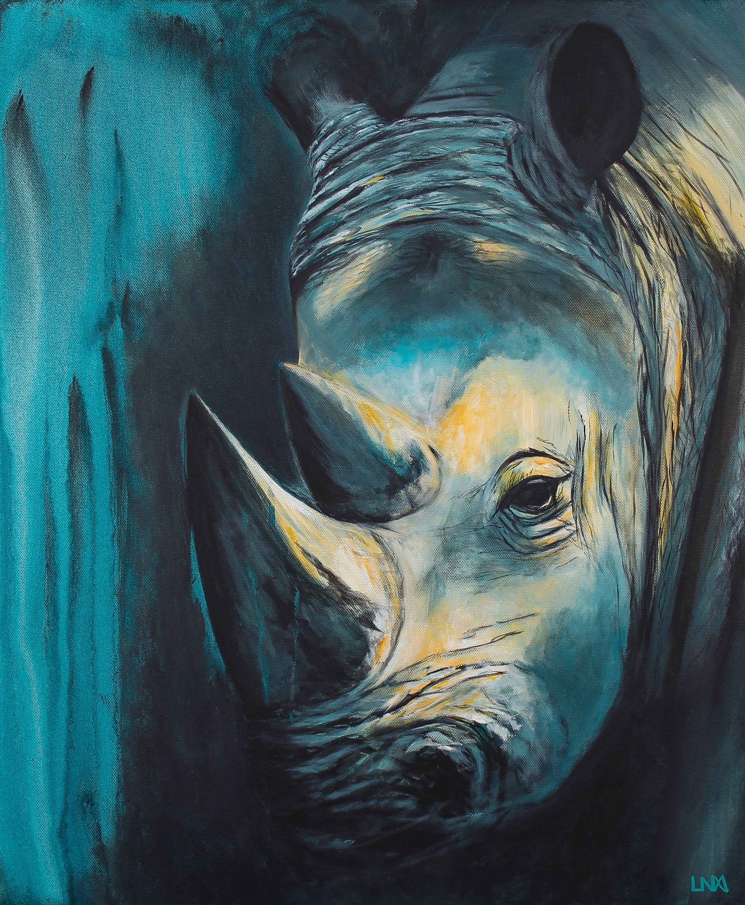 This new animal work "Us" by artist Helena Monniello depicts a rhinoceros. It is made with blue and yellow colors. This painting represents us, that's why she named it "Us". We, that is to say all the living beings in the world. We are at the same