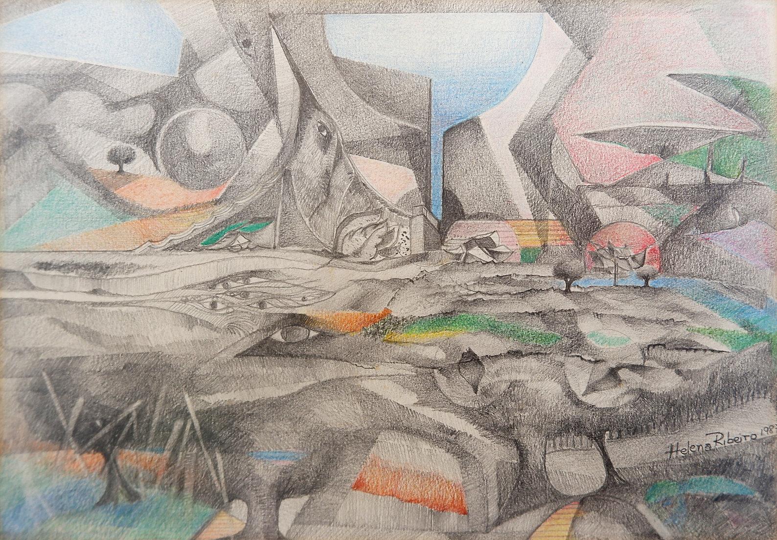 Helena Ribeiro Zeichnung auf Papier 1987 - datiert und signiert unten rechts
Wanddekoration - Portugiesischer Künstler
Maße: 47,5x1cm H:38,5cm 
Ohne Rahmen : 31,5x22cm 
Alters- und gebrauchsbedingte Abnutzungserscheinungen.