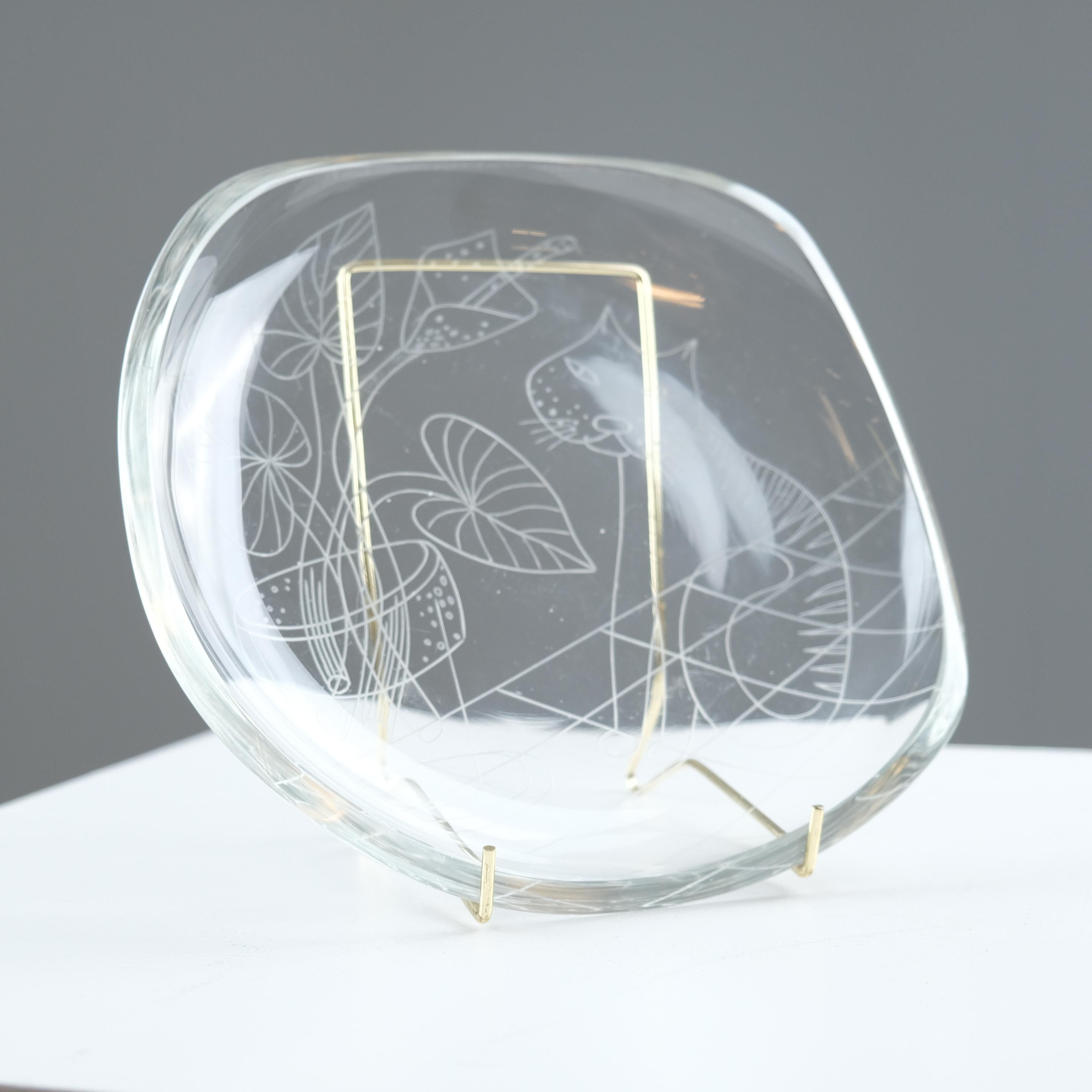 Helena Tynell & Theodore Käppi Gravierte Katzenschüssel für Riihimäen Lasi Oy, 1950er Jahre im Angebot 2