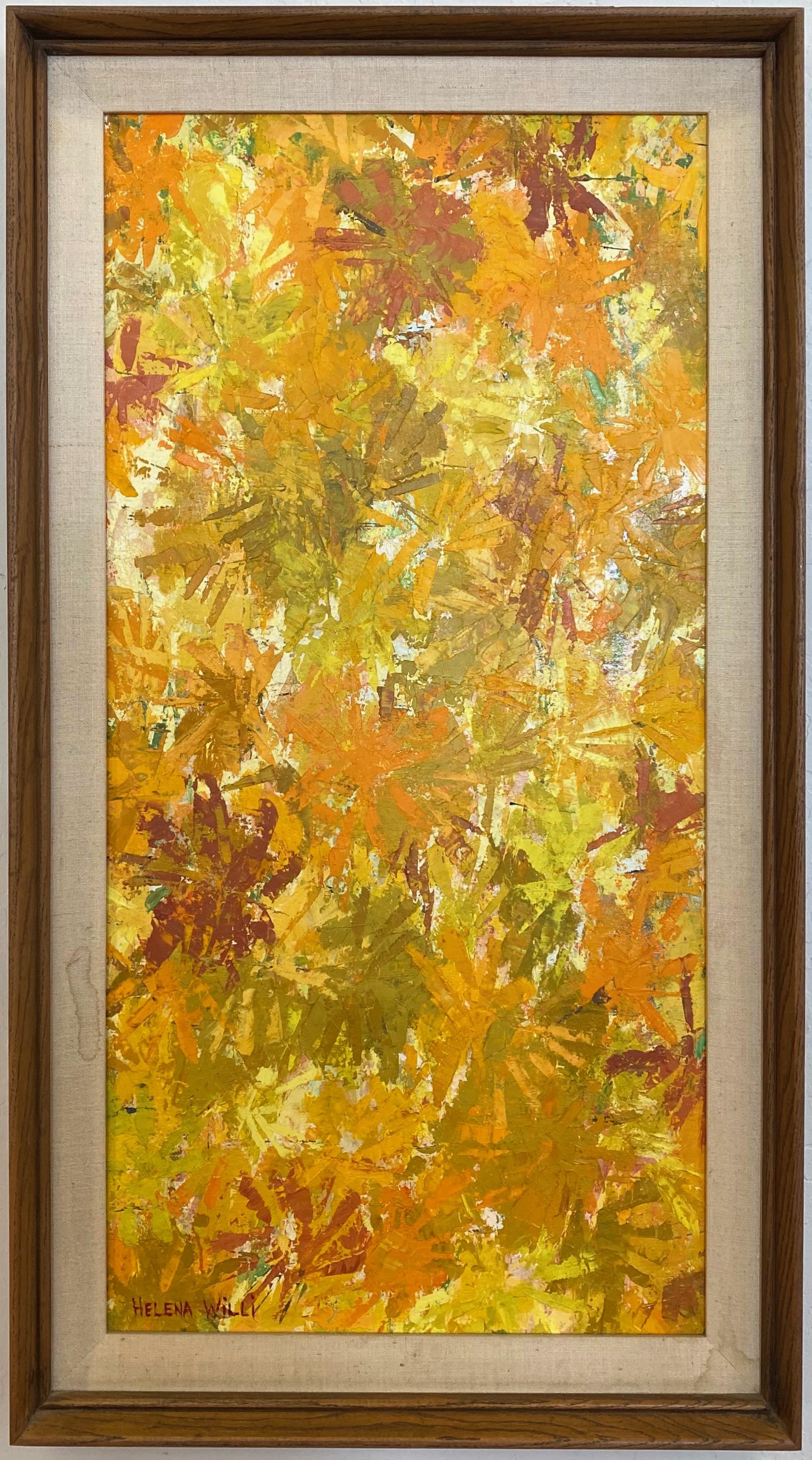 A circa 1960 expressionist flora motif framed oil painting on panel titled “Autumn” by San Francisco Bay Area artist Helena Willi.

Thick impasto explosion of fireworks-like leaves in classic fall colors of yellow, olive green, orange, and brick