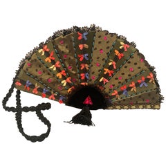 Helene Angeli  "Fan" Shaped Evening Bag with Bows, Lace, Polka Dots and a Jewel