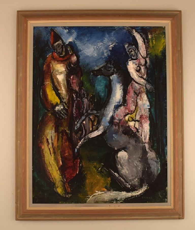 Hélène Azenor (1910-1999), French artist. Oil on canvas. 
Modern circus scene. 1970s.
The canvas measures: 60 x 45 cm.
The frame measures: 6 cm.
In excellent condition.
Signed.