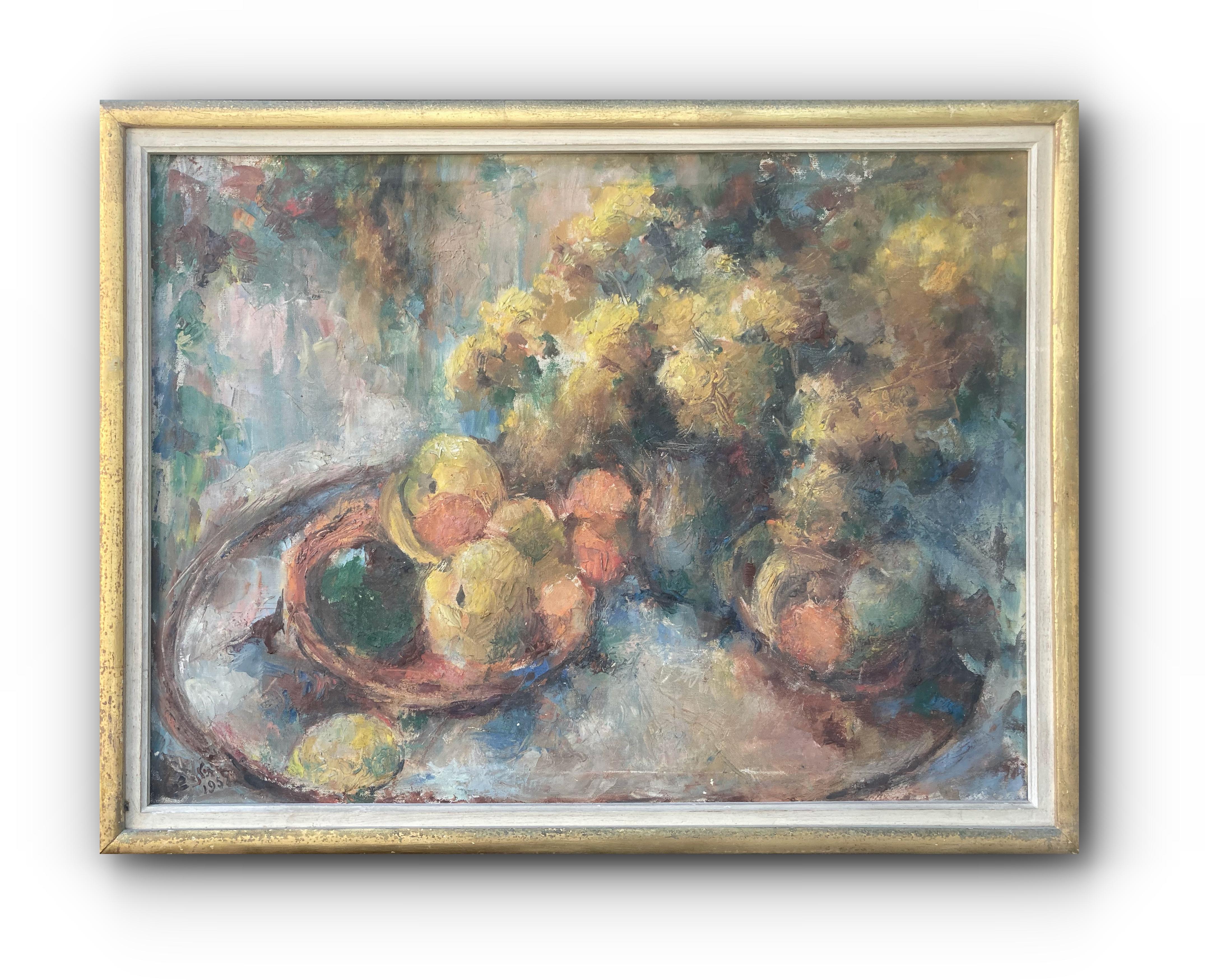 Helene Barth Abstract Painting - Still Life with Fruit and Flowers (Mid-Century Framed Impressionist Painting)