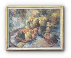 Still Life with Fruit and Flowers (Mid-Century Framed Impressionist Painting)