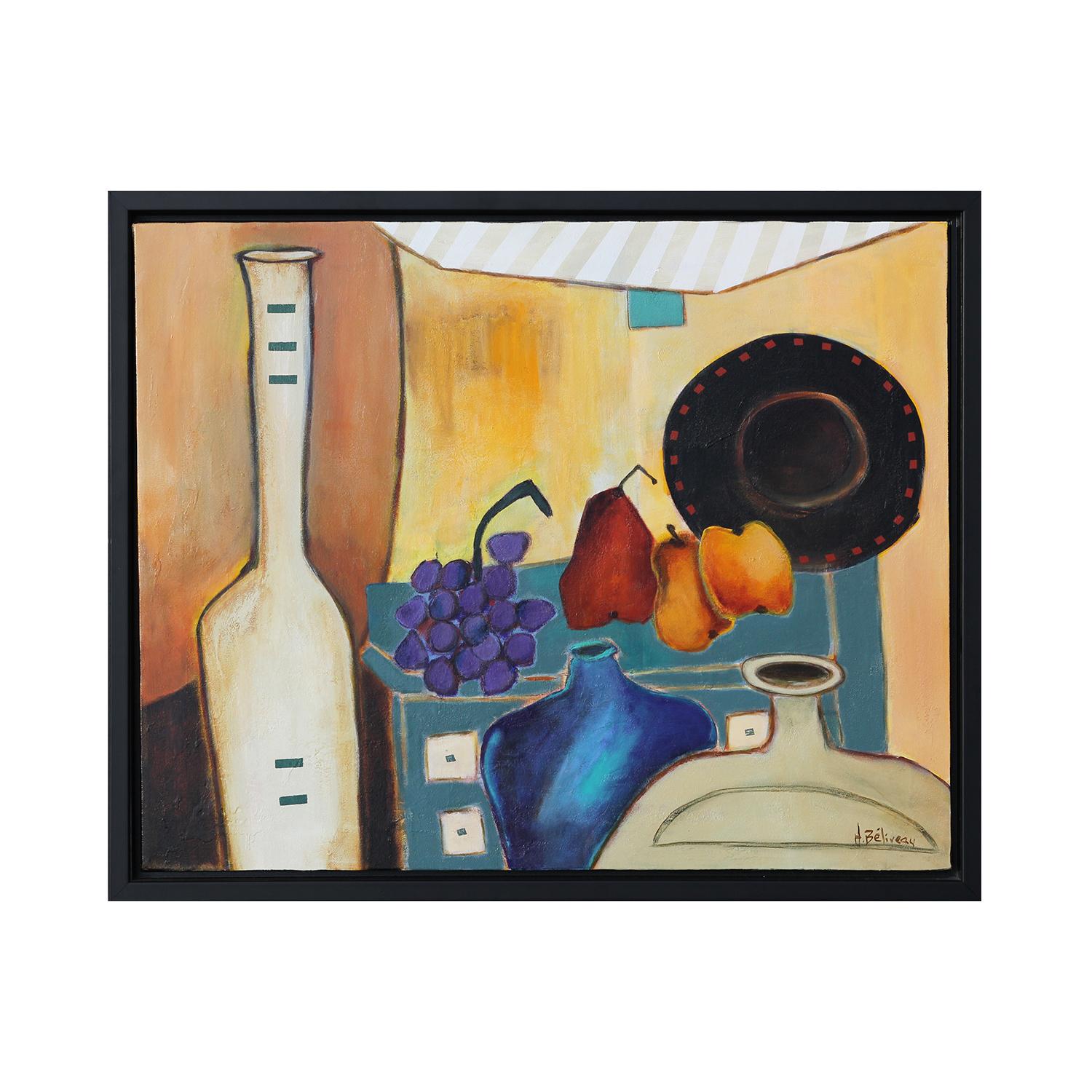 Orange, Blue, Purple, and Red Abstract Fruits Still Life  - Painting by Helene Beliveau