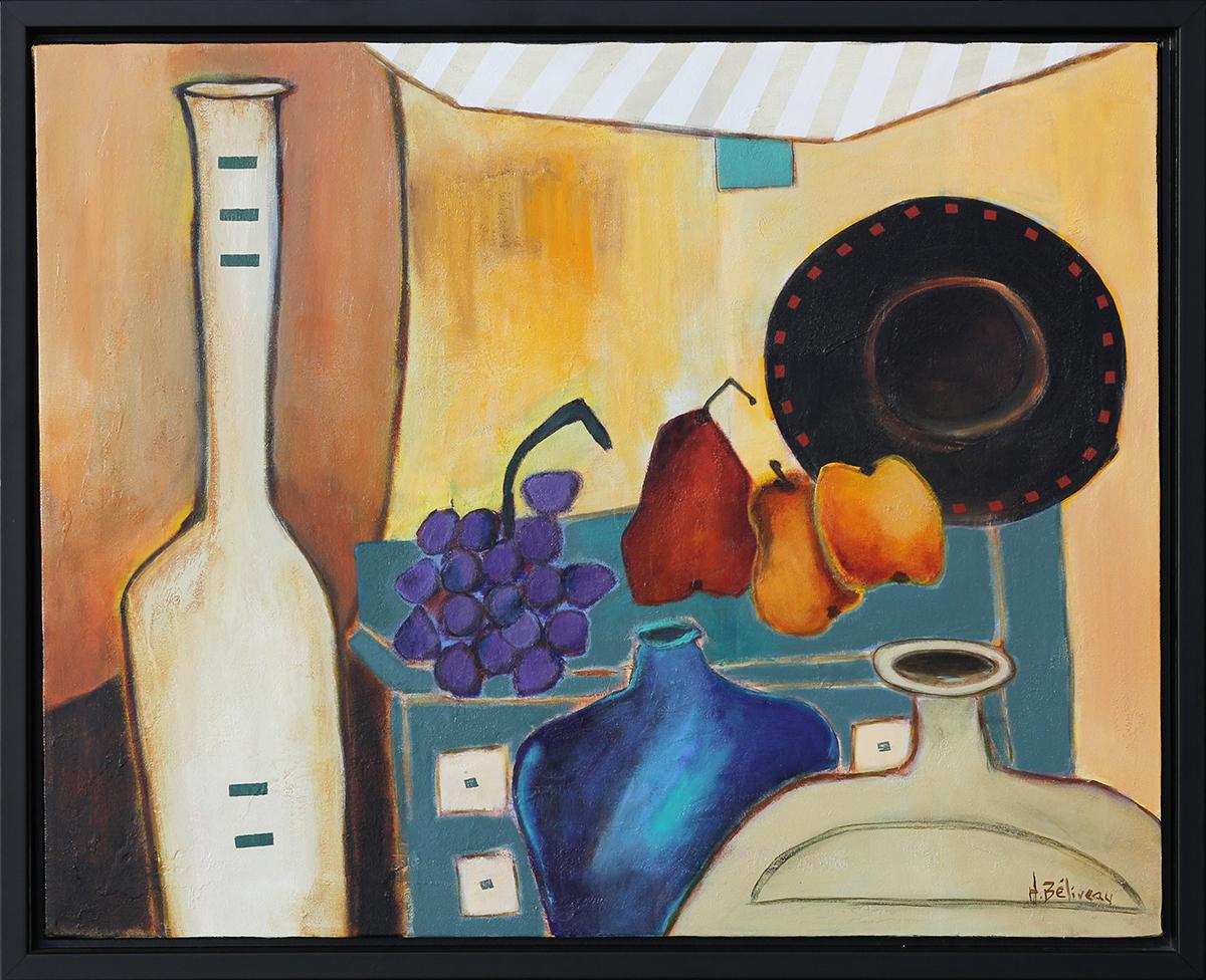 Helene Beliveau Abstract Painting - Orange, Blue, Purple, and Red Abstract Fruits Still Life 