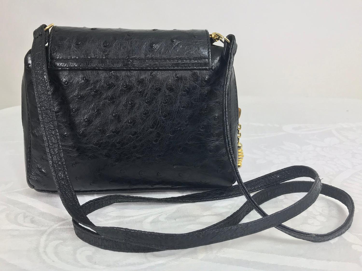 Helene Black Ostrich Cross Body/Clutch handbag Made in Italy 1990s In Excellent Condition For Sale In West Palm Beach, FL