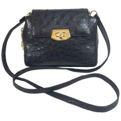 Helene Black Ostrich Cross Body/Clutch handbag Made in Italy 1990s
