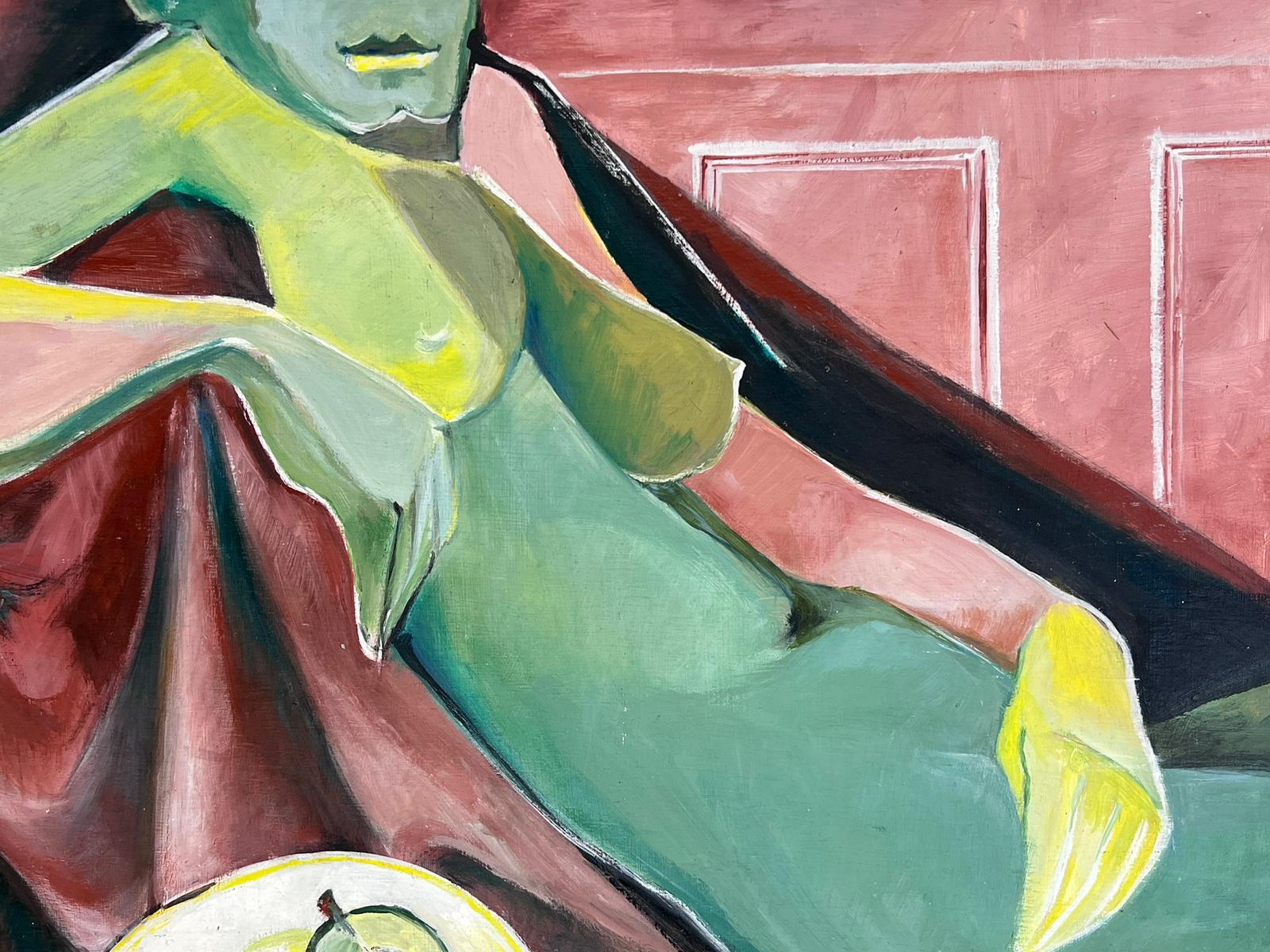 Peinture à l'huile cubiste française du 20e siècle représentant une femme nue avec des pommes vertes, signée - Painting de Helene Dadone