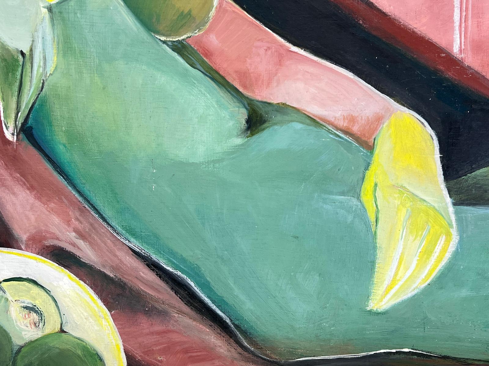 Peinture à l'huile cubiste française du 20e siècle représentant une femme nue avec des pommes vertes, signée - Cubisme Painting par Helene Dadone