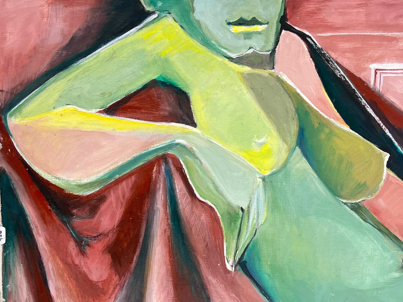 Peinture à l'huile cubiste française du 20e siècle représentant une femme nue avec des pommes vertes, signée en vente 1