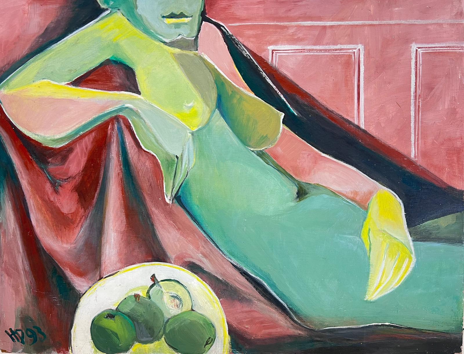 Nude Painting Helene Dadone - Peinture à l'huile cubiste française du 20e siècle représentant une femme nue avec des pommes vertes, signée
