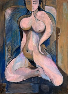 Grand portrait cubiste français du 20ème siècle d'une femme nue à l'huile de style Picasso 