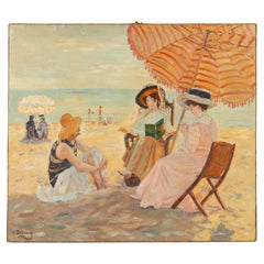 Vintage Hélène Dubourg Belgian Impressionist Oil Painting Beach Scene 