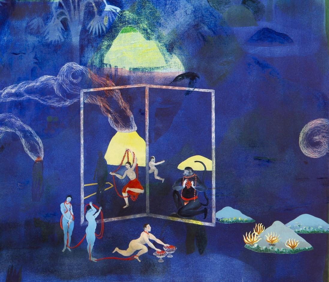 Un coccodrillo sotto le volute Hélène Duclos Arte contemporanea pittura blu in vendita 1