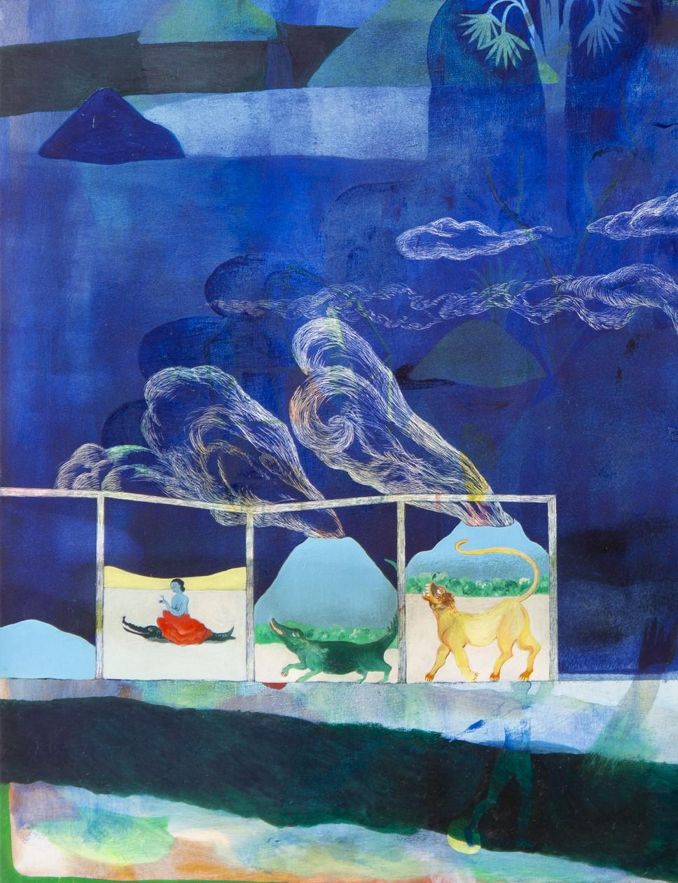 Un coccodrillo sotto le volute Hélène Duclos Arte contemporanea pittura blu in vendita 2