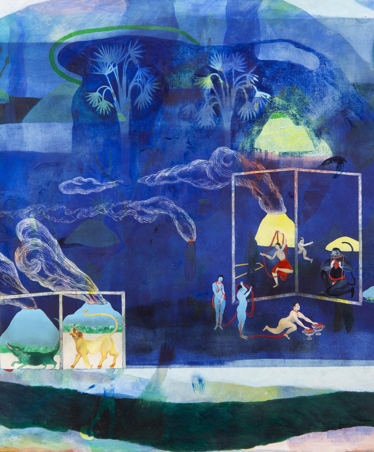 Un coccodrillo sotto le volute Hélène Duclos Arte contemporanea pittura blu in vendita 3