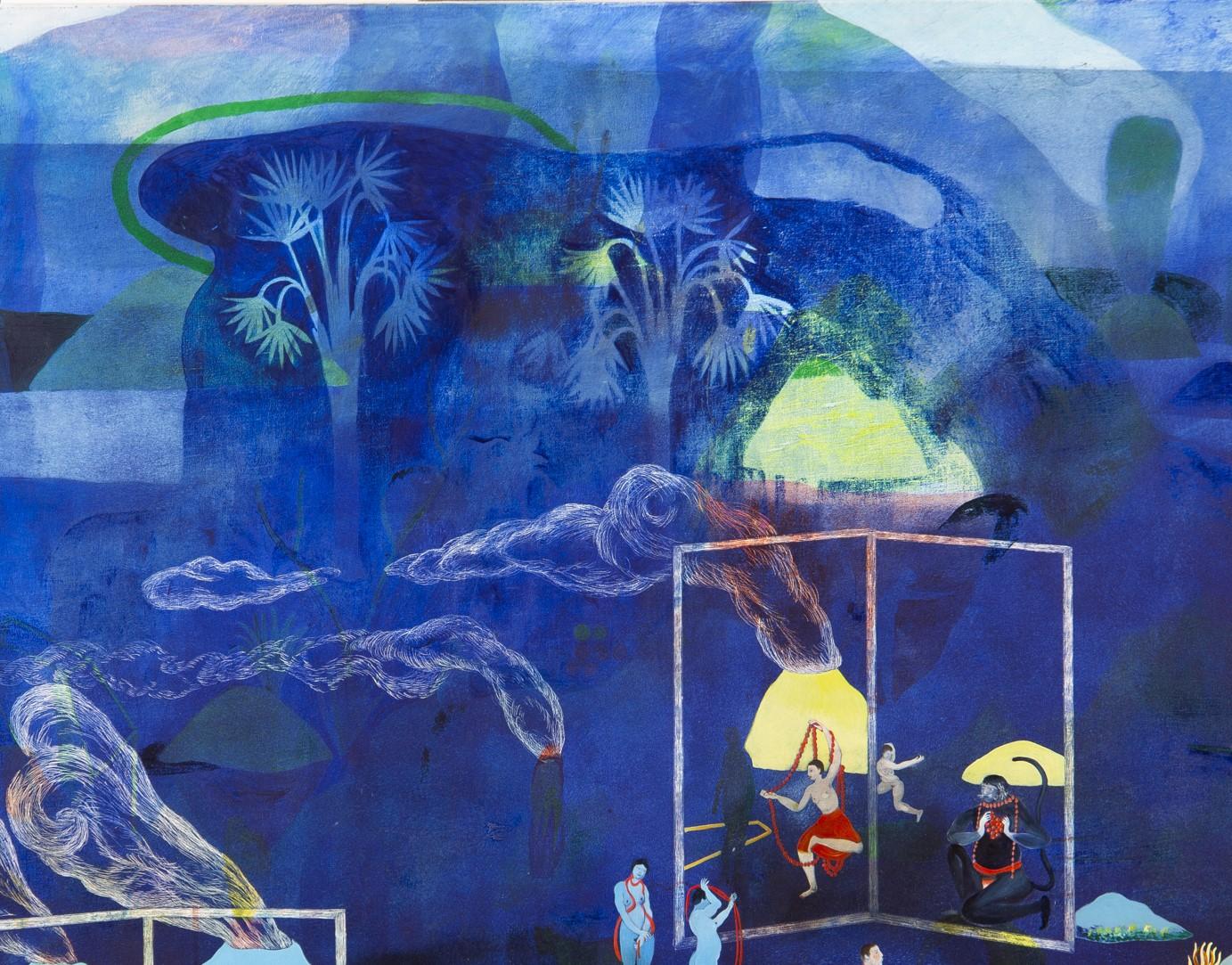 Un coccodrillo sotto le volute Hélène Duclos Arte contemporanea pittura blu in vendita 4