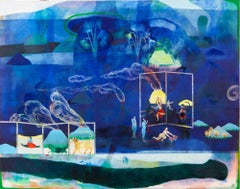 Un crocodile sous les volutes Hélène Duclos Peinture d'art contemporain bleu