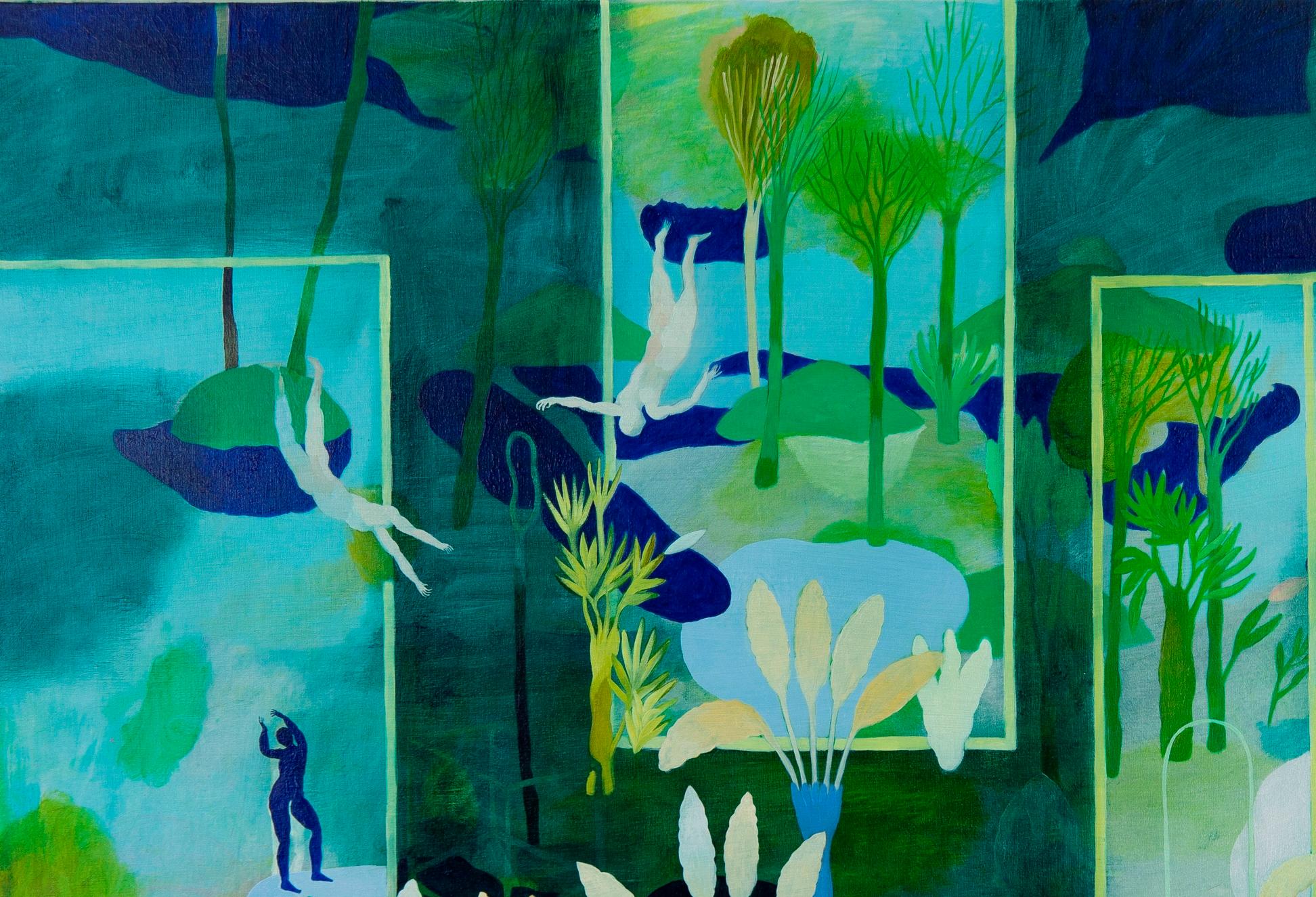 Crossing mirrors #2 Hélène Duclos 21st Century painting landscape art green For Sale 2