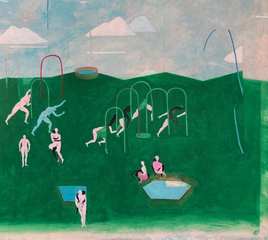 Desviarse de la regla nº 3 Hélène Duclos Pintura de arte contemporáneo paisaje verde en venta 1