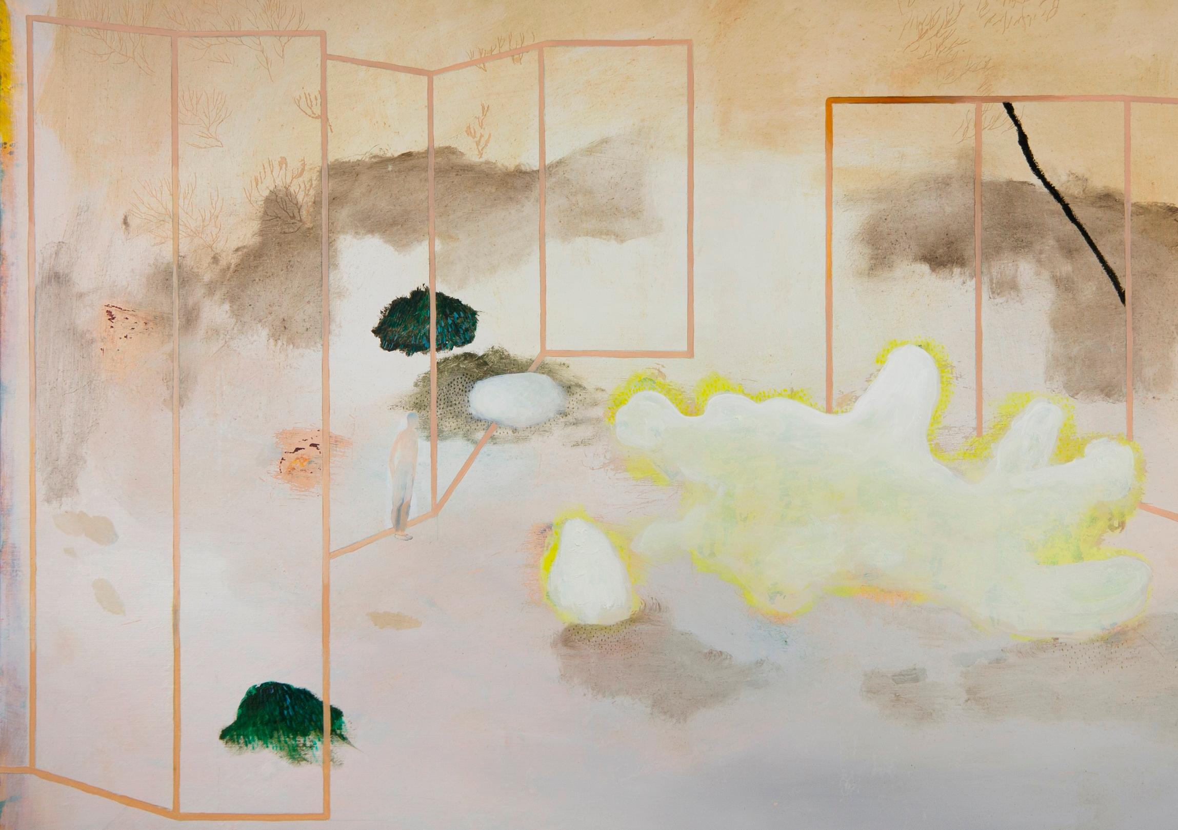 Off fields #3 Hélène Duclos 21° secolo pittura astratta paesaggio crema arte in vendita 1