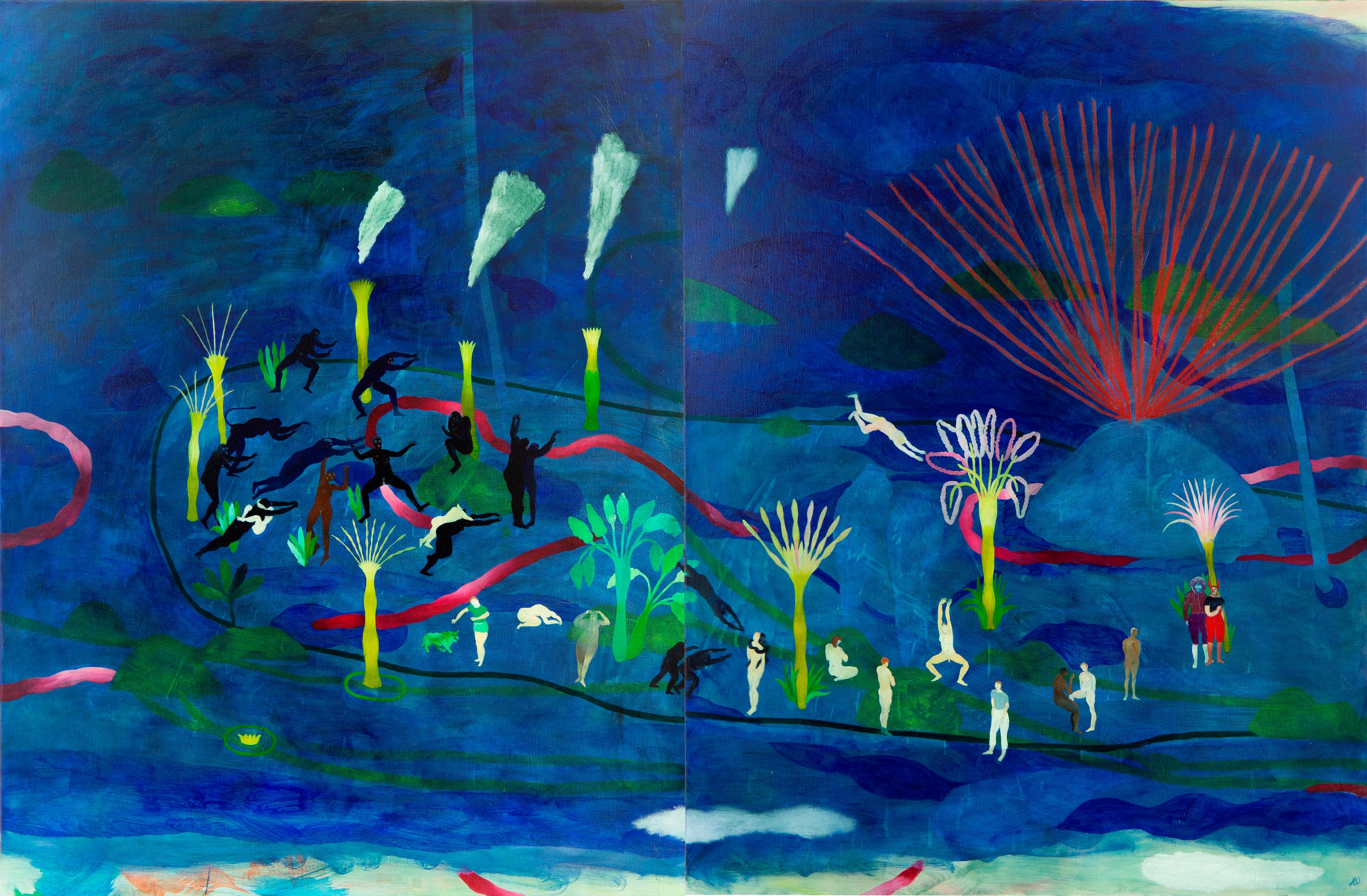 The river bed #1 Hélène Duclos 21st Century painting landscape blue art diptych
