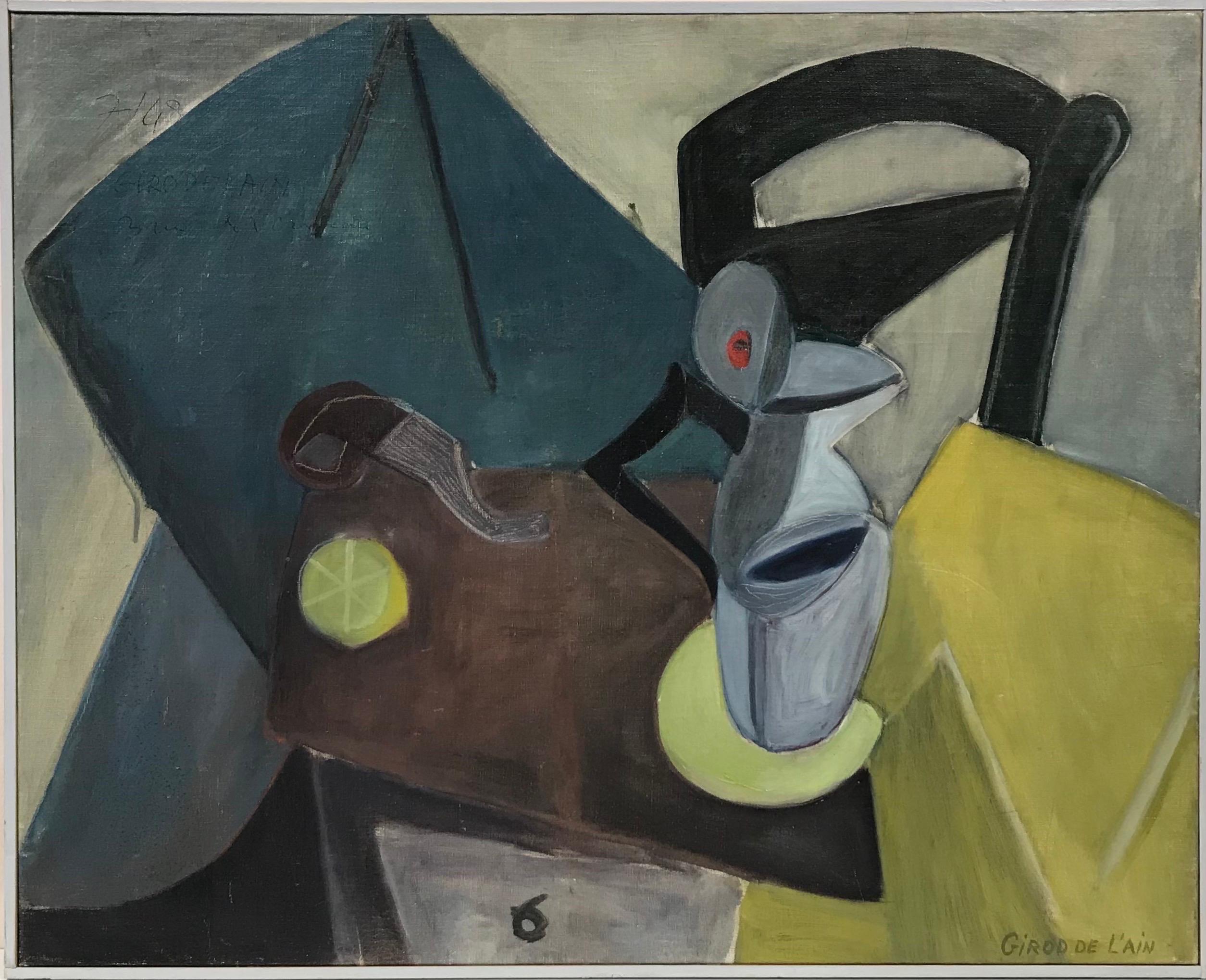 Peinture à l'huile abstraite cubiste française des années 1940 Nature morte Cuisine Scène d'intérieur - Painting de Helene Girod de L'ain