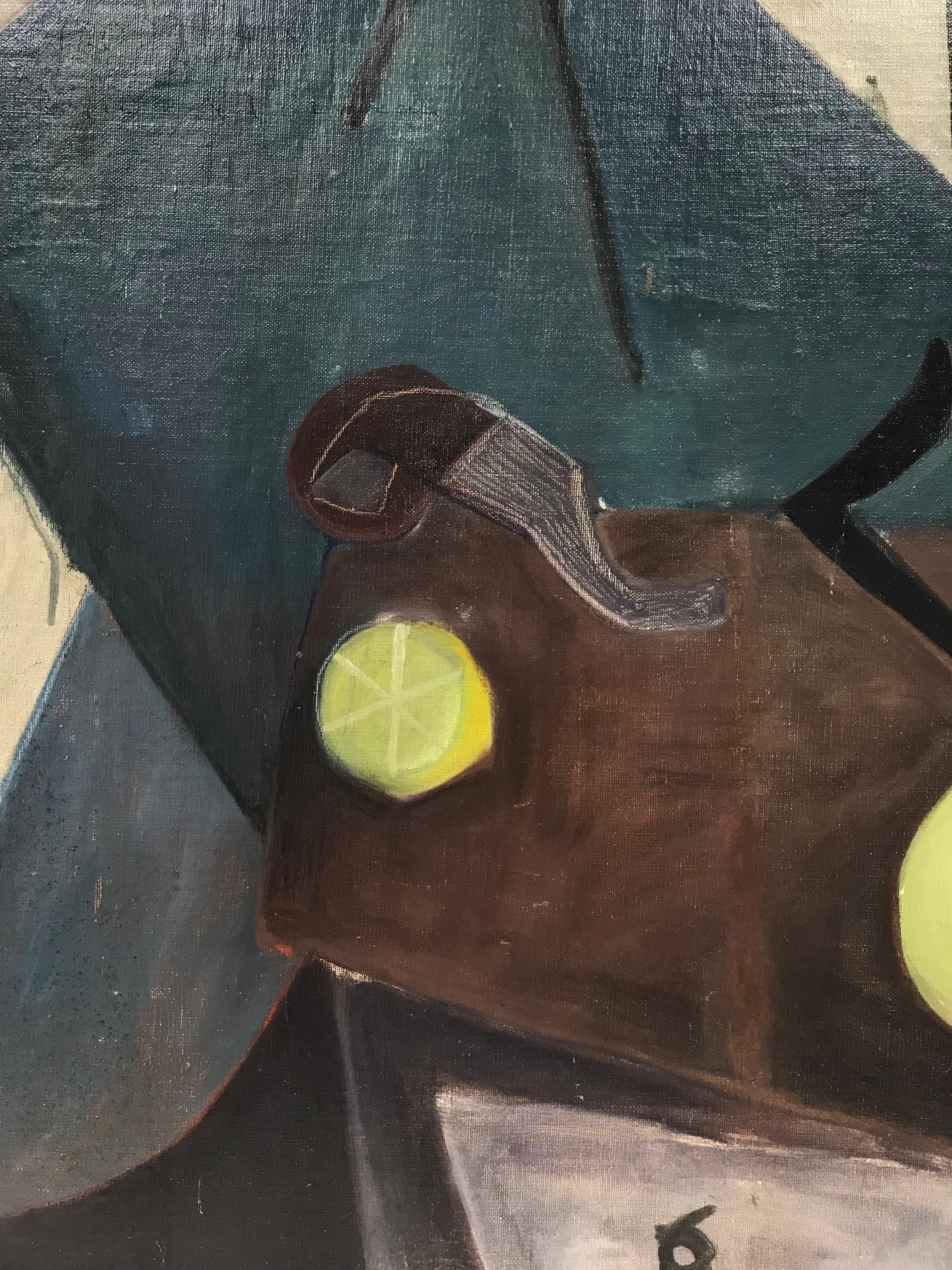 Peinture à l'huile abstraite cubiste française des années 1940 Nature morte Cuisine Scène d'intérieur - Noir Abstract Painting par Helene Girod de L'ain