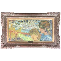 Pittura a olio francese "Bambini davanti al mare" di Helene Girod De L'Ain