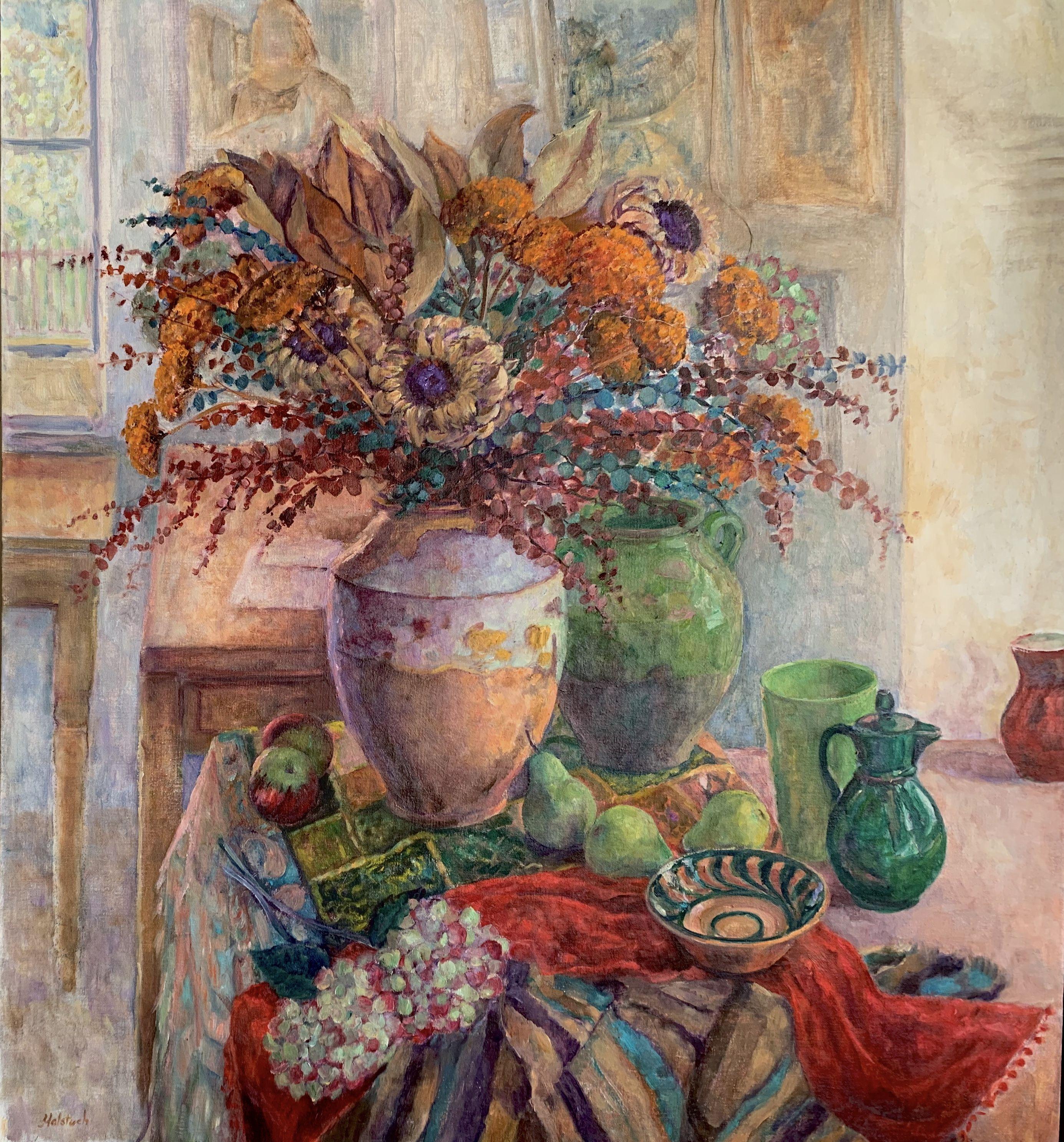   This still life features an old French earthenware pot filled with dried yarrow, eucalyptus, magnolia and artichoke flowers.  The pot is surrounded  with colorful pottery and a red scarf is draped over the table..  :: Painting :: Impressionist ::