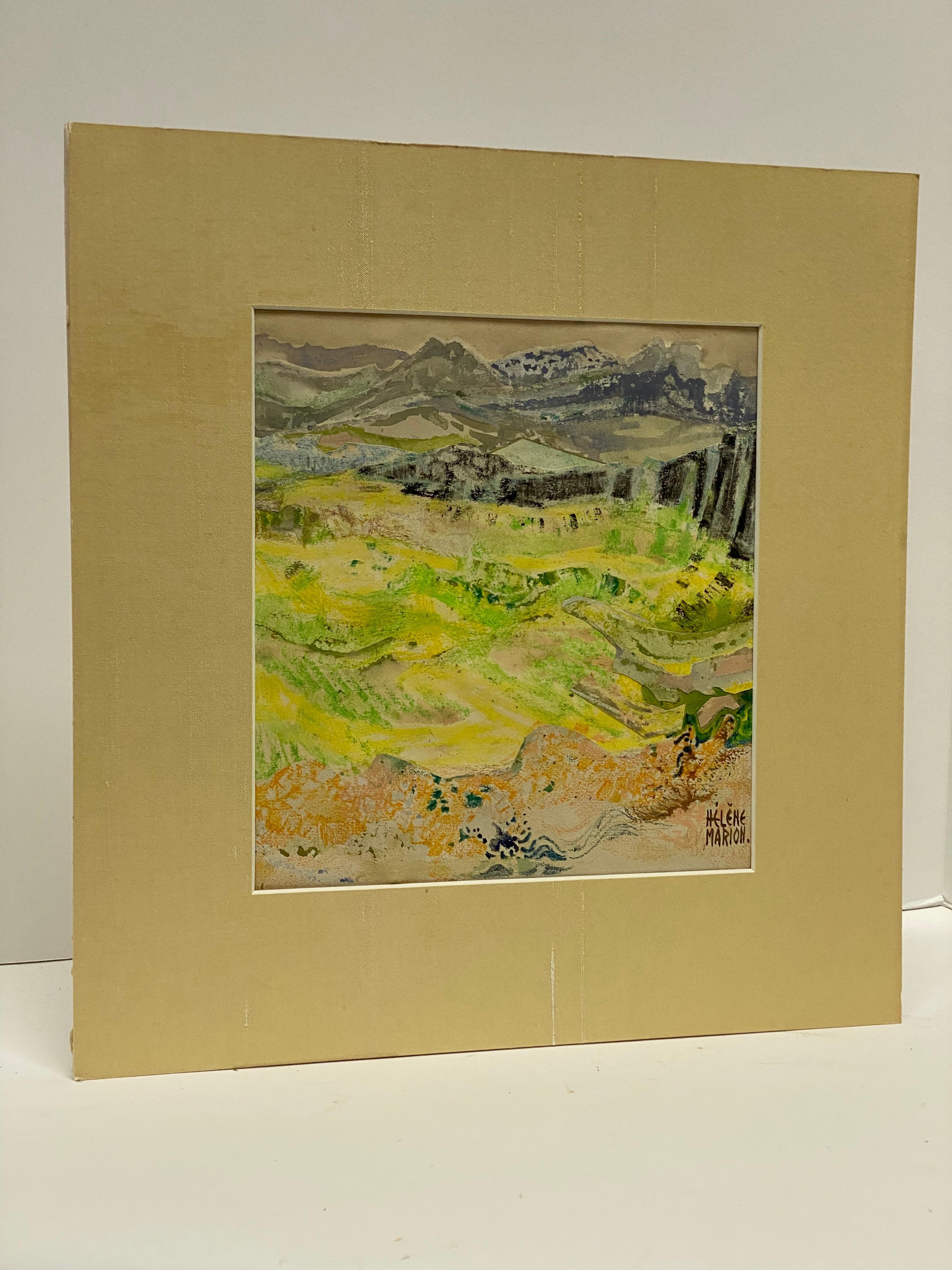 A fine and diminutive painting/collage by French artist, Helene Marion (1920-?). The medium is watercolor and oil pastel or crayon. The work of art is hand crafted and layered paper surfaces. Circa 1960-70. Signed lower right, Helene Marion. The
